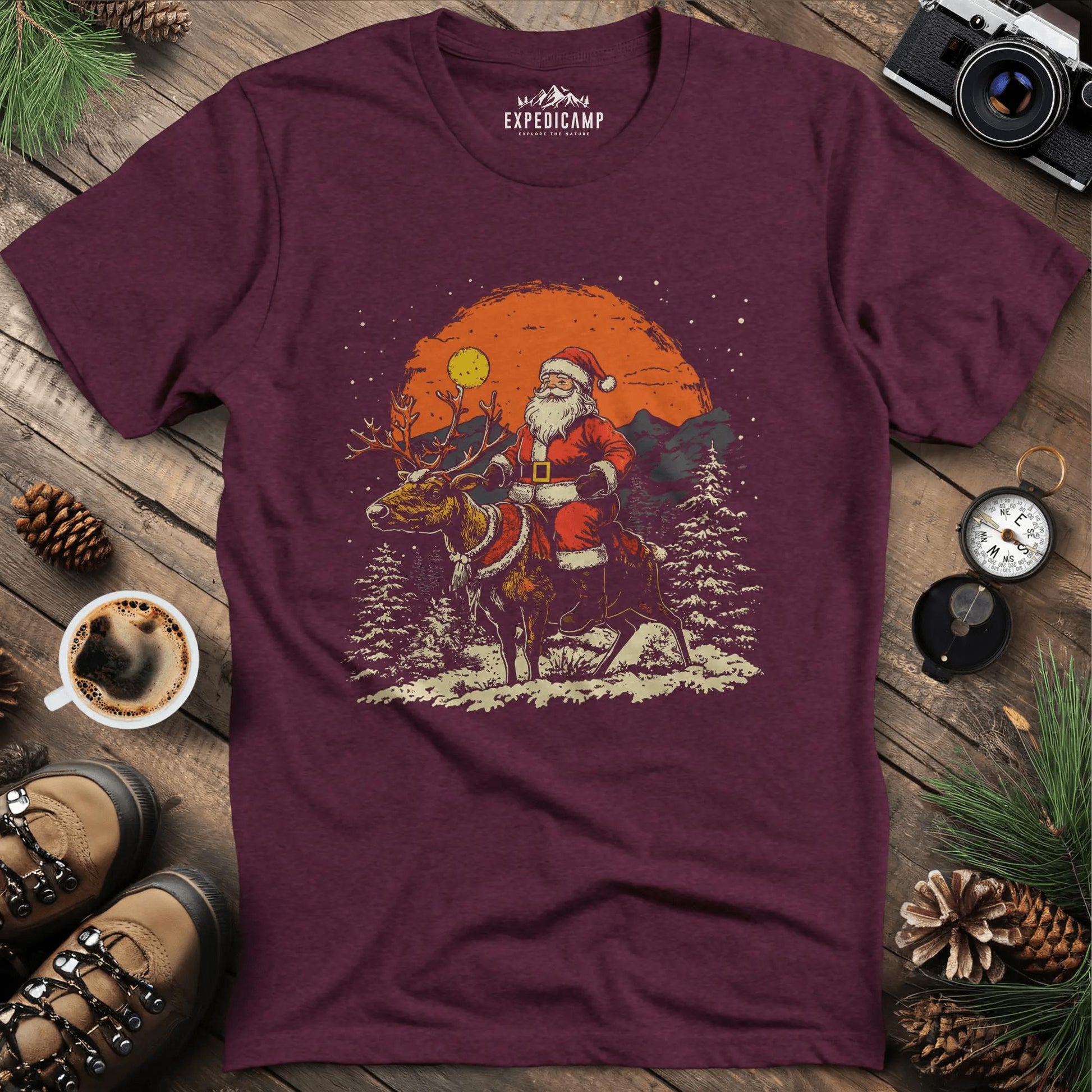 Santa in the Wilderness T-Shirt – Heather Maroon – Outdoor apparel for travel, hiking, camping, and nature lovers – ExpediCamp