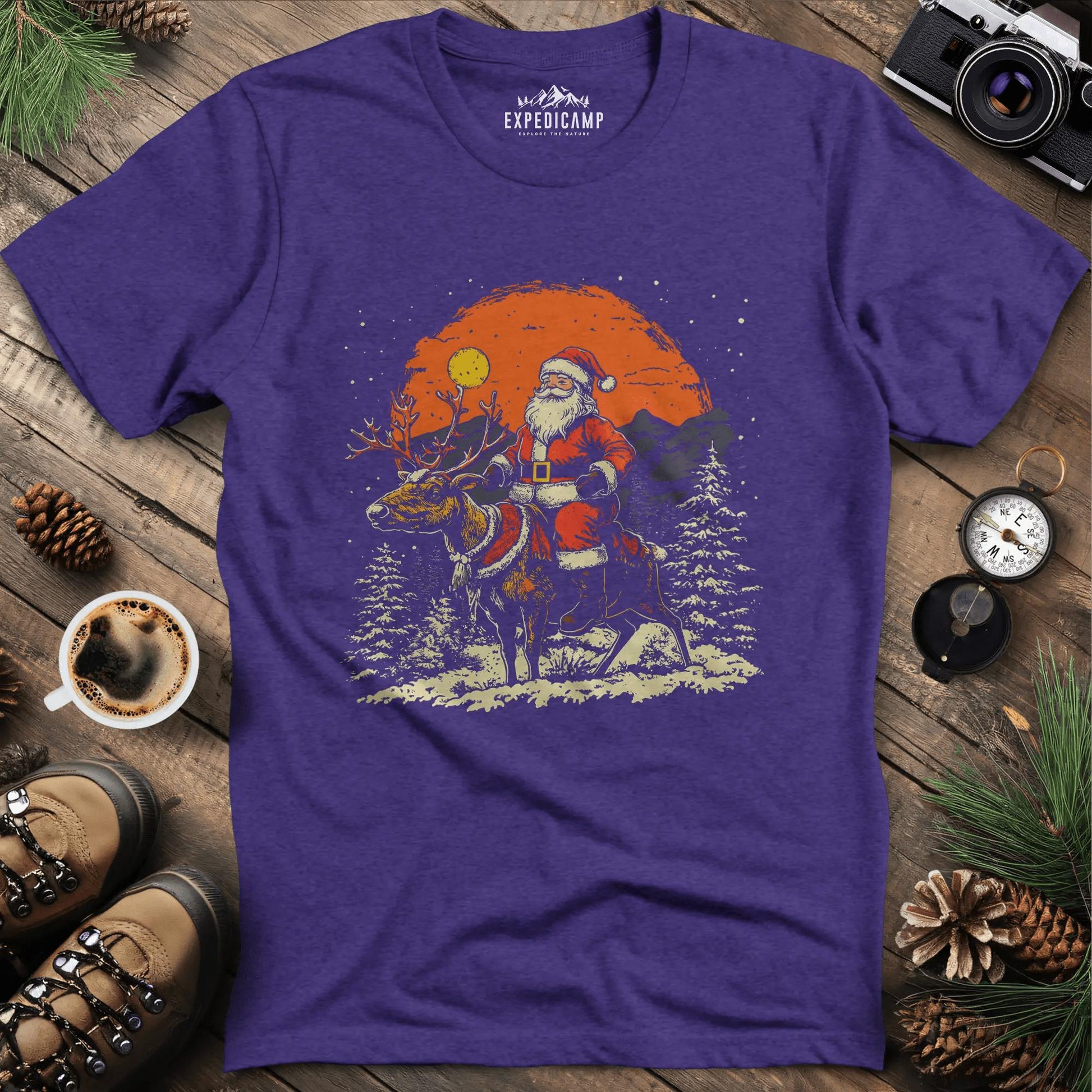 Santa in the Wilderness T-Shirt – Heather Purple – Outdoor apparel for travel, hiking, camping, and nature lovers – ExpediCamp