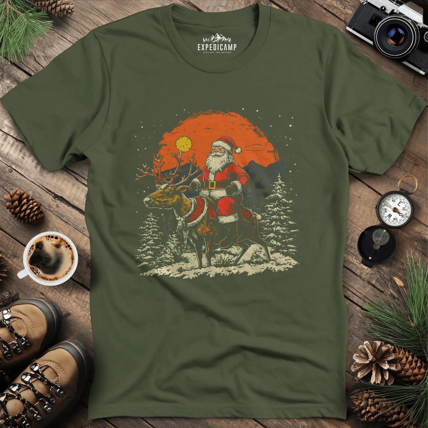 Santa in the Wilderness T-Shirt – Military Green – Outdoor apparel for travel, hiking, camping, and nature lovers – ExpediCamp