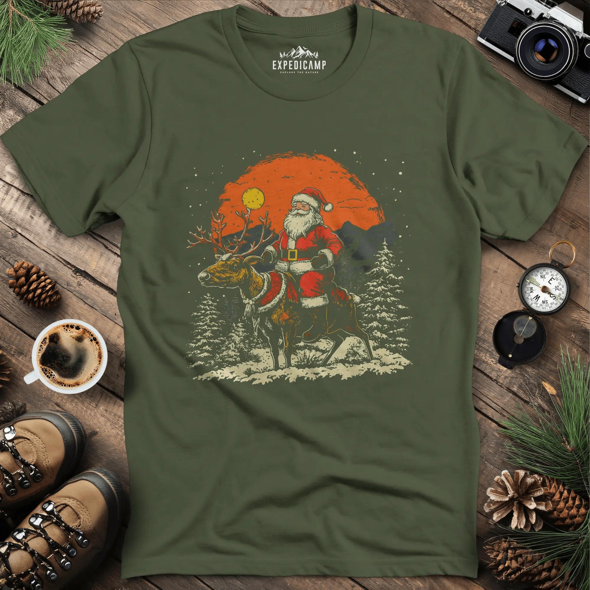 Santa in the Wilderness T-Shirt – Military Green – Outdoor apparel for travel, hiking, camping, and nature lovers – ExpediCamp