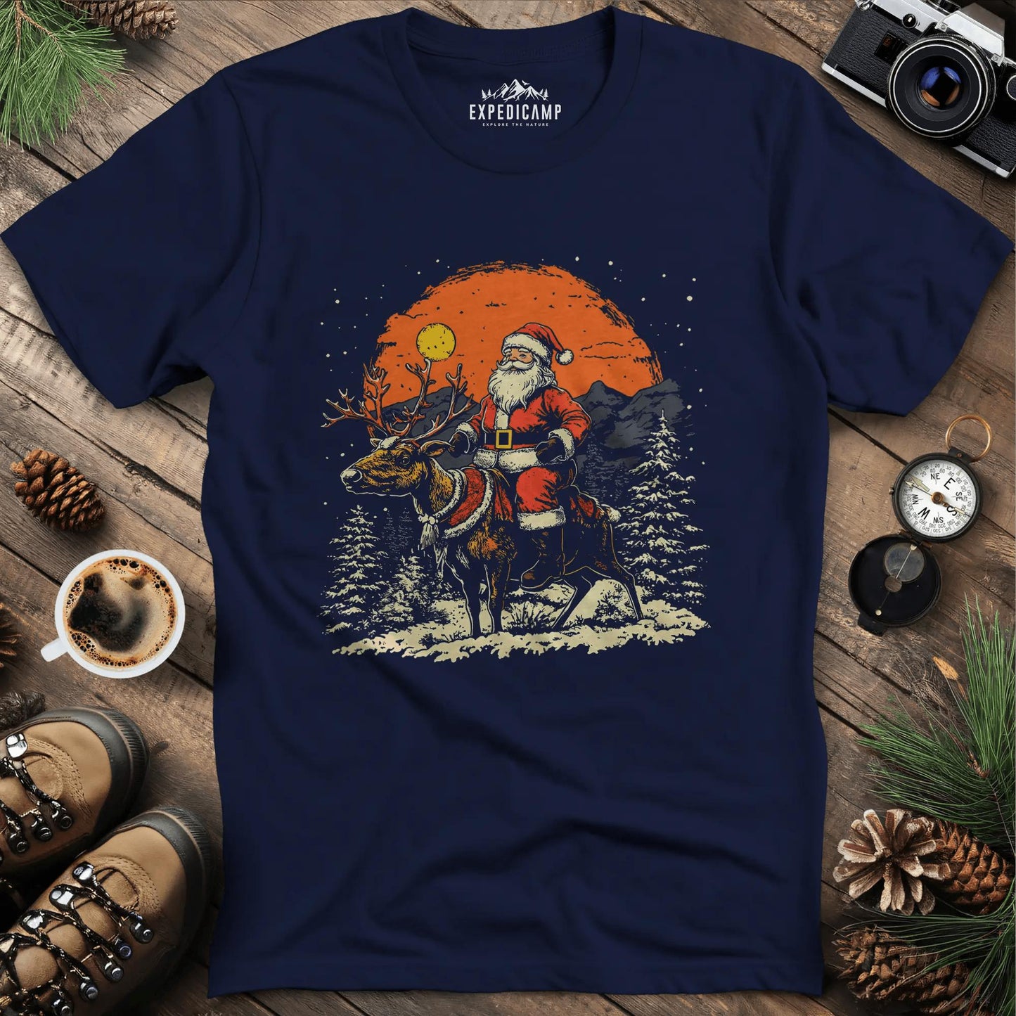 Santa in the Wilderness T-Shirt – Navy – Outdoor apparel for travel, hiking, camping, and nature lovers – ExpediCamp