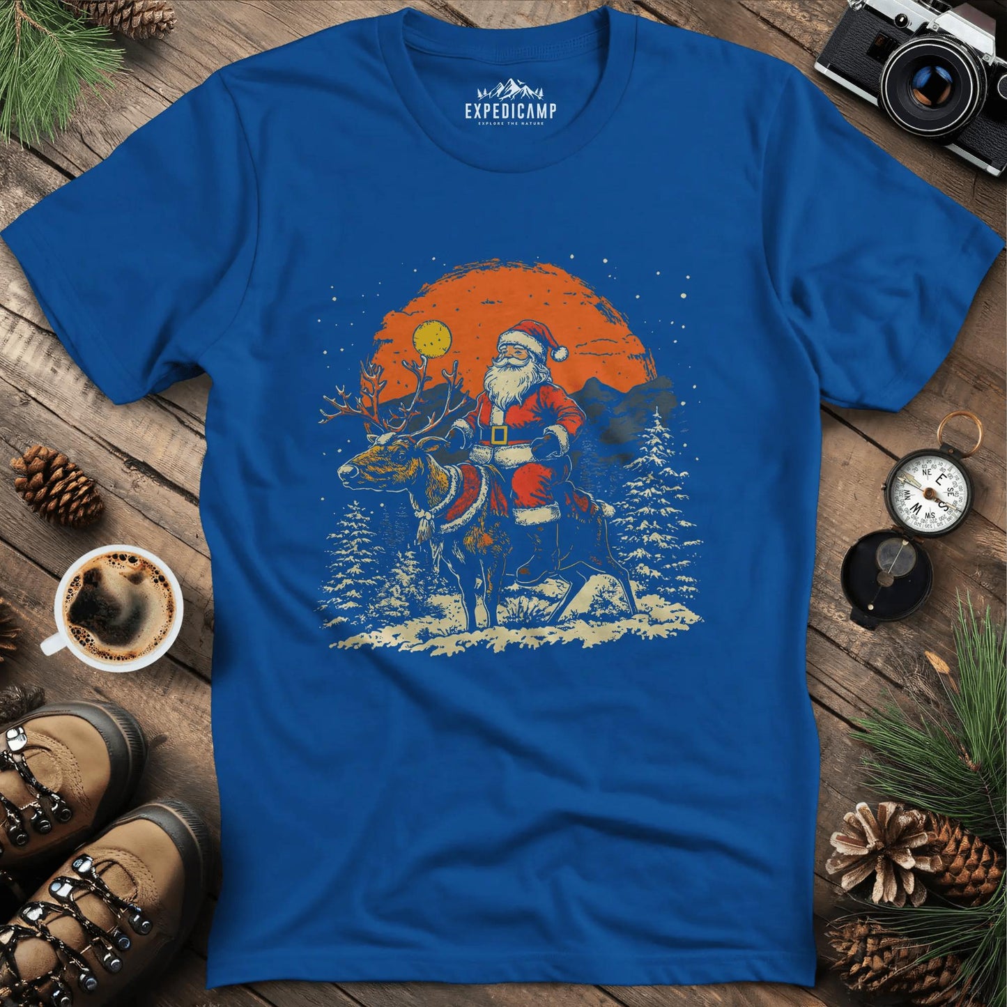 Santa in the Wilderness T-Shirt – Royal – Outdoor apparel for travel, hiking, camping, and nature lovers – ExpediCamp
