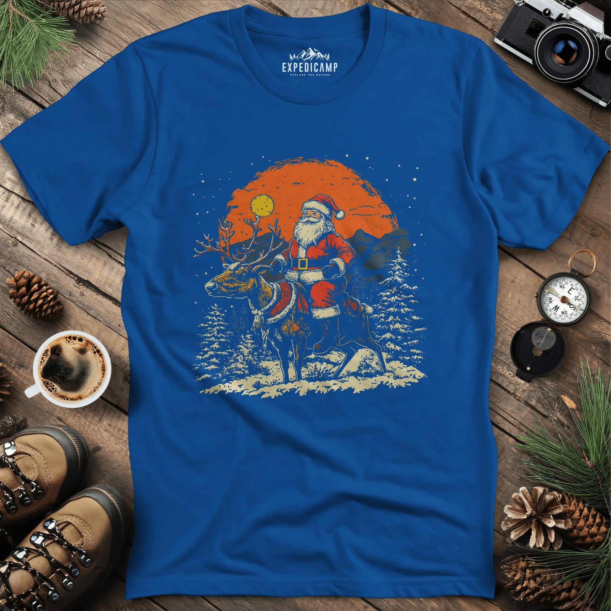 Santa in the Wilderness T-Shirt – Royal – Outdoor apparel for travel, hiking, camping, and nature lovers – ExpediCamp