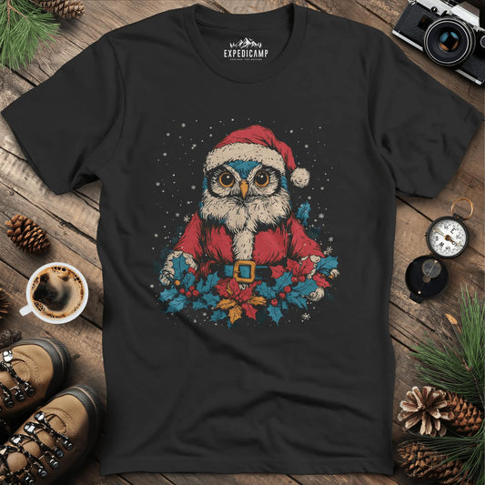 Santa Owl T-Shirt – Black – Outdoor apparel for travel, hiking, camping, and nature lovers – ExpediCamp
