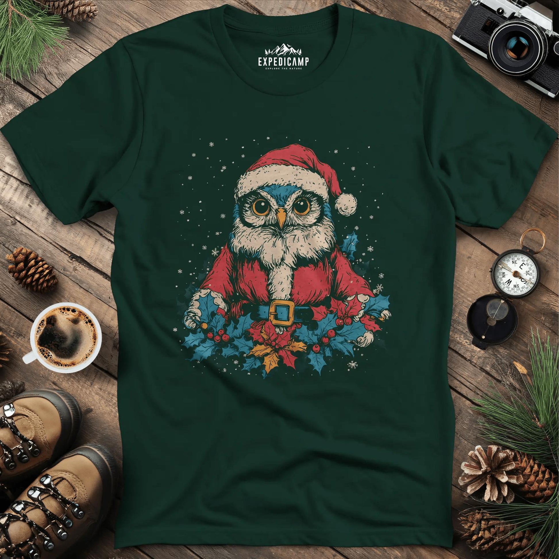 Santa Owl T-Shirt – Forest Green – Outdoor apparel for travel, hiking, camping, and nature lovers – ExpediCamp