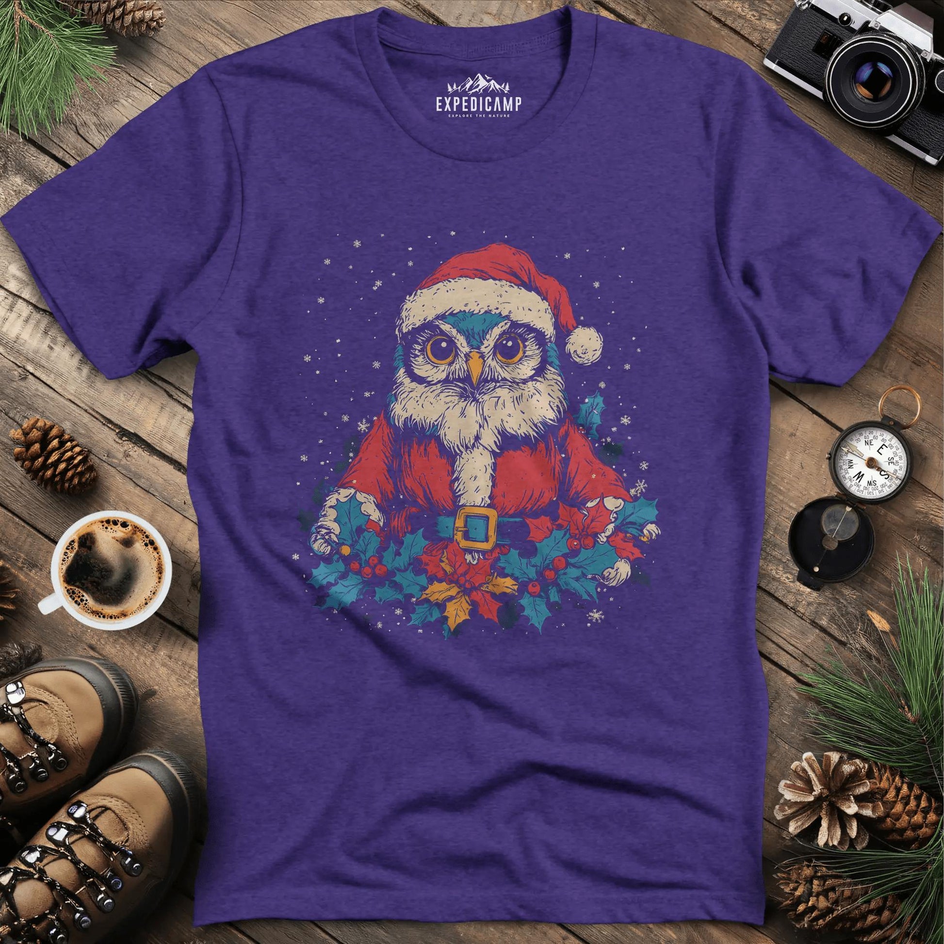 Santa Owl T-Shirt – Heather Purple – Outdoor apparel for travel, hiking, camping, and nature lovers – ExpediCamp