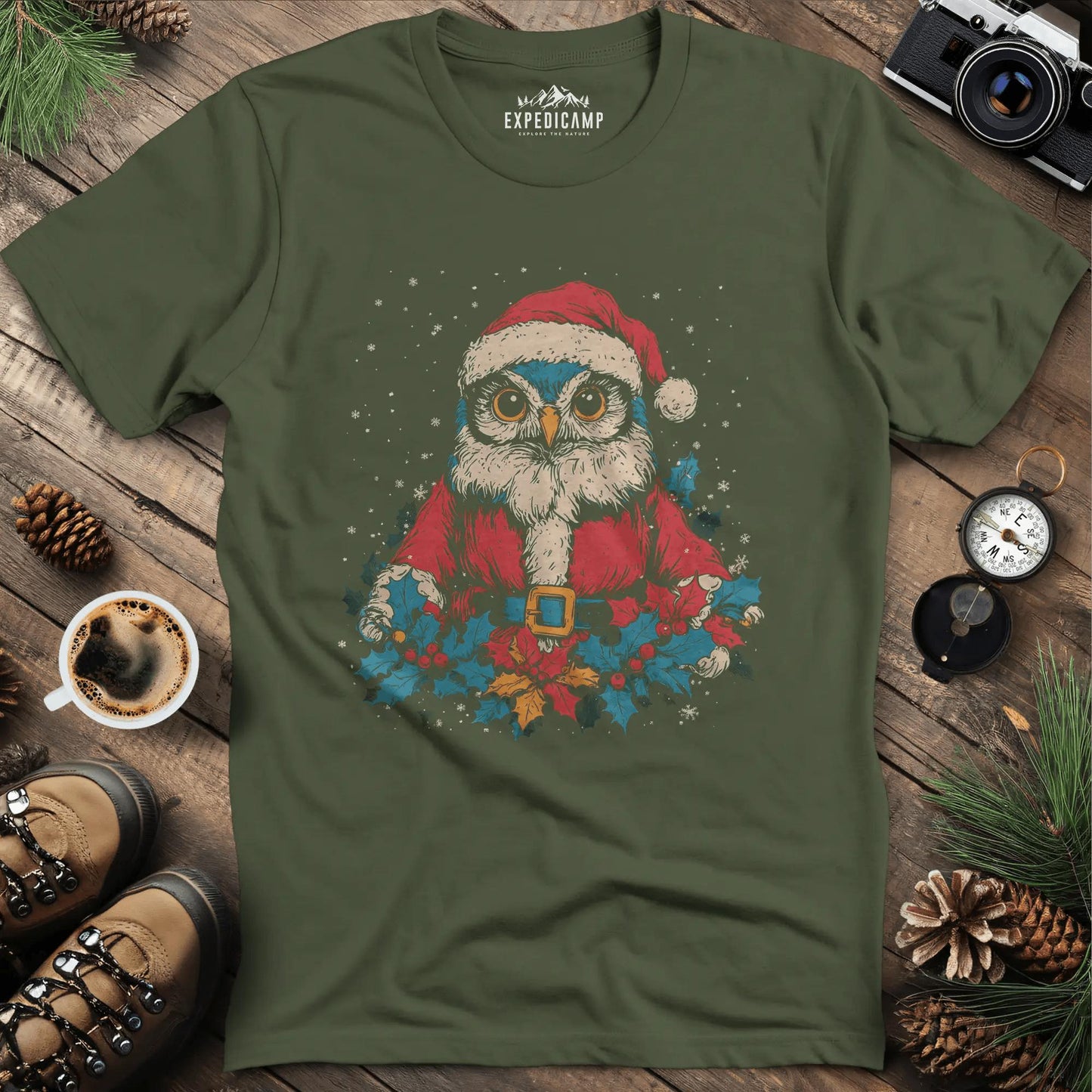 Santa Owl T-Shirt – Military Green – Outdoor apparel for travel, hiking, camping, and nature lovers – ExpediCamp