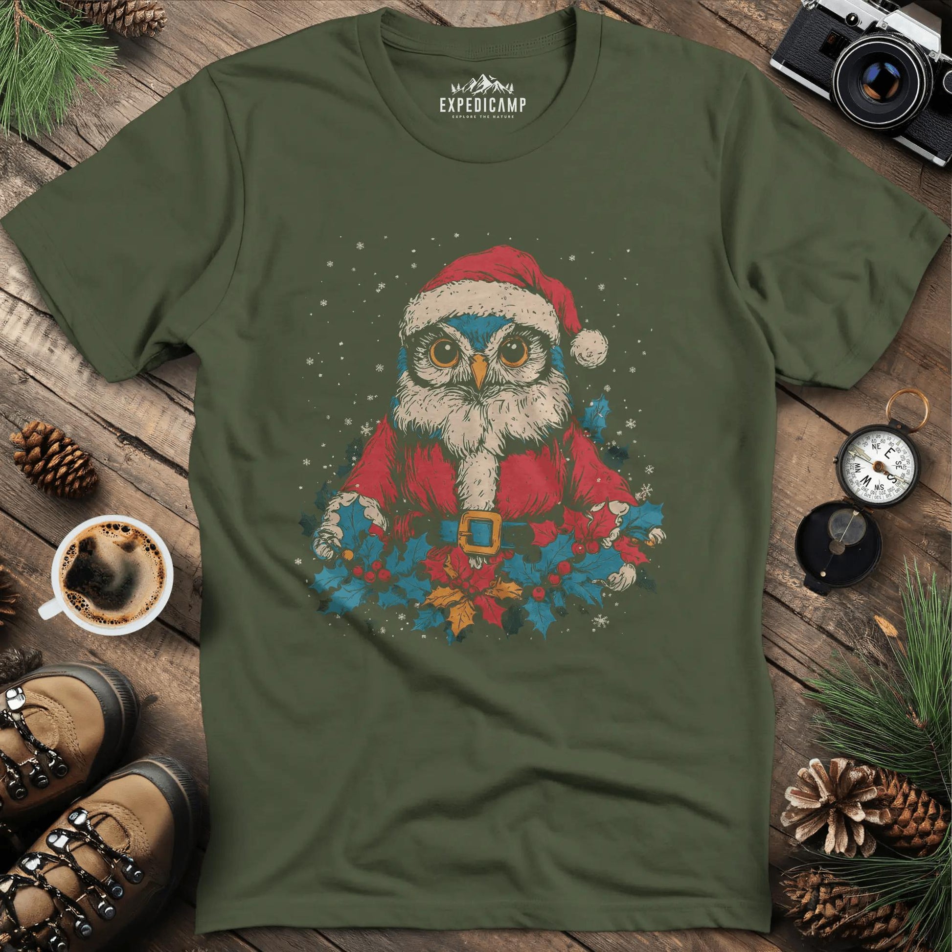 Santa Owl T-Shirt – Military Green – Outdoor apparel for travel, hiking, camping, and nature lovers – ExpediCamp