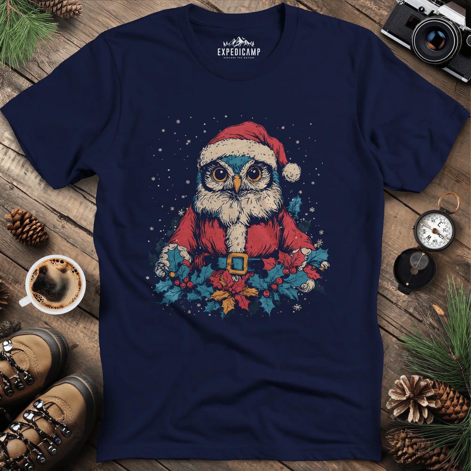 Santa Owl T-Shirt – Navy – Outdoor apparel for travel, hiking, camping, and nature lovers – ExpediCamp