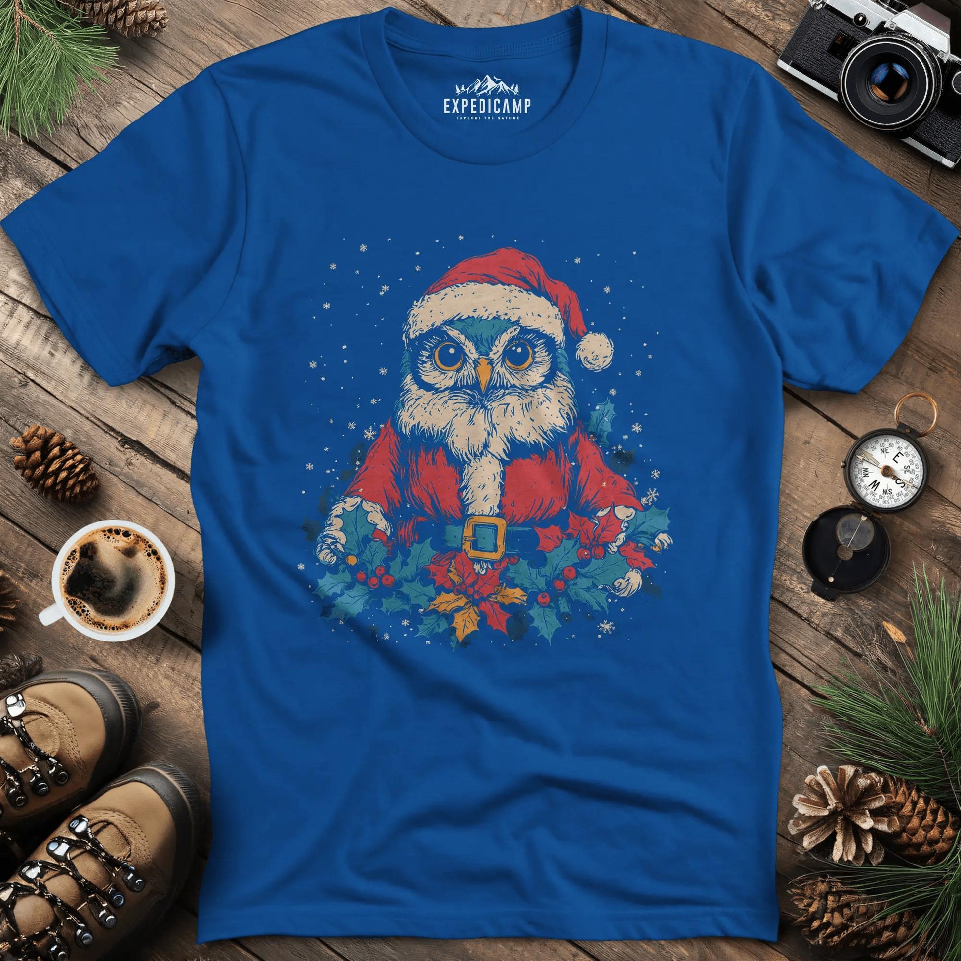 Santa Owl T-Shirt – Royal – Outdoor apparel for travel, hiking, camping, and nature lovers – ExpediCamp