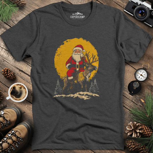 Santa Riding Reindeer T-Shirt – Dark Heather – Outdoor apparel for travel, hiking, camping, and nature lovers – ExpediCamp