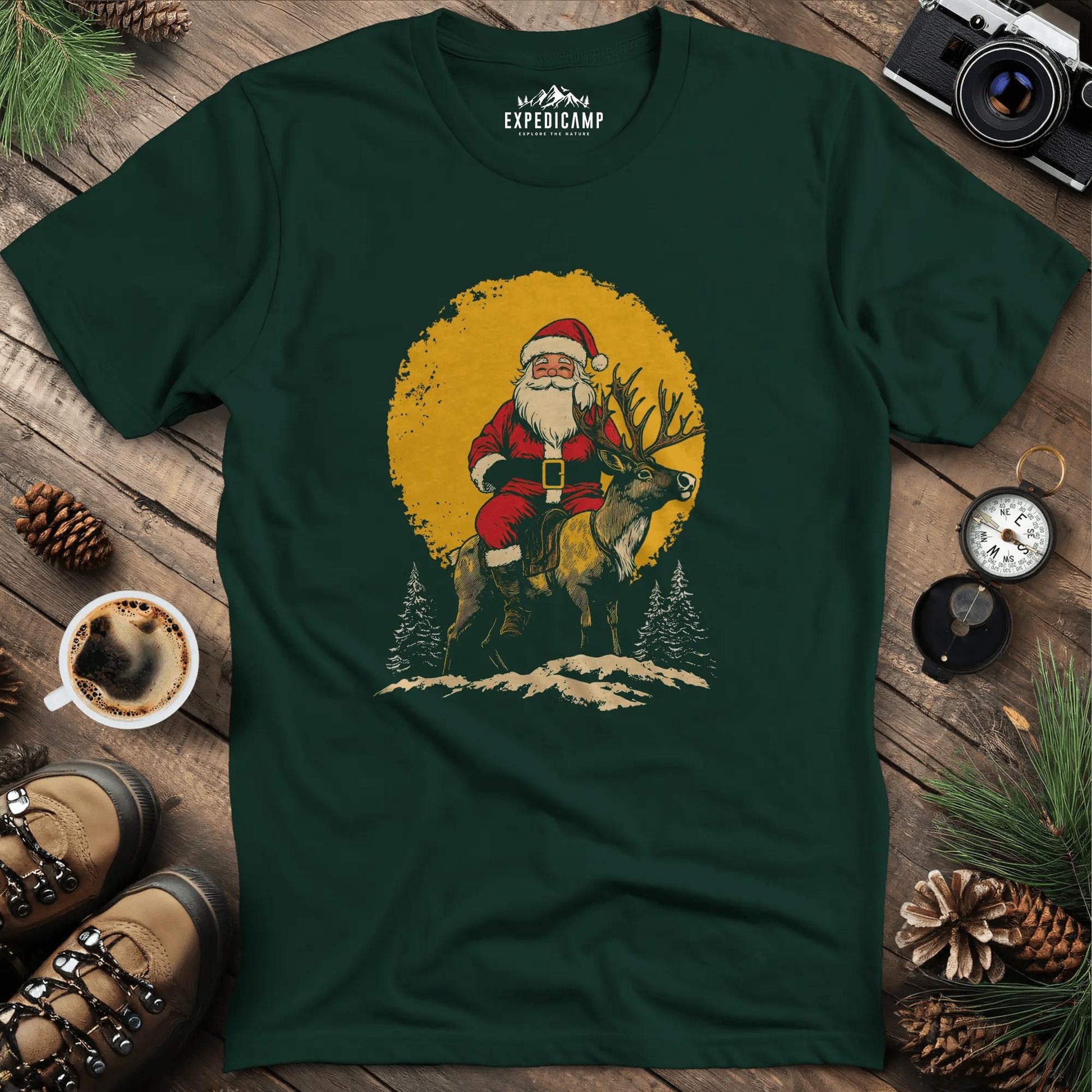 Santa Riding Reindeer T-Shirt – Forest Green – Outdoor apparel for travel, hiking, camping, and nature lovers – ExpediCamp