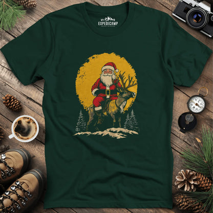 Santa Riding Reindeer T-Shirt – Forest Green – Outdoor apparel for travel, hiking, camping, and nature lovers – ExpediCamp