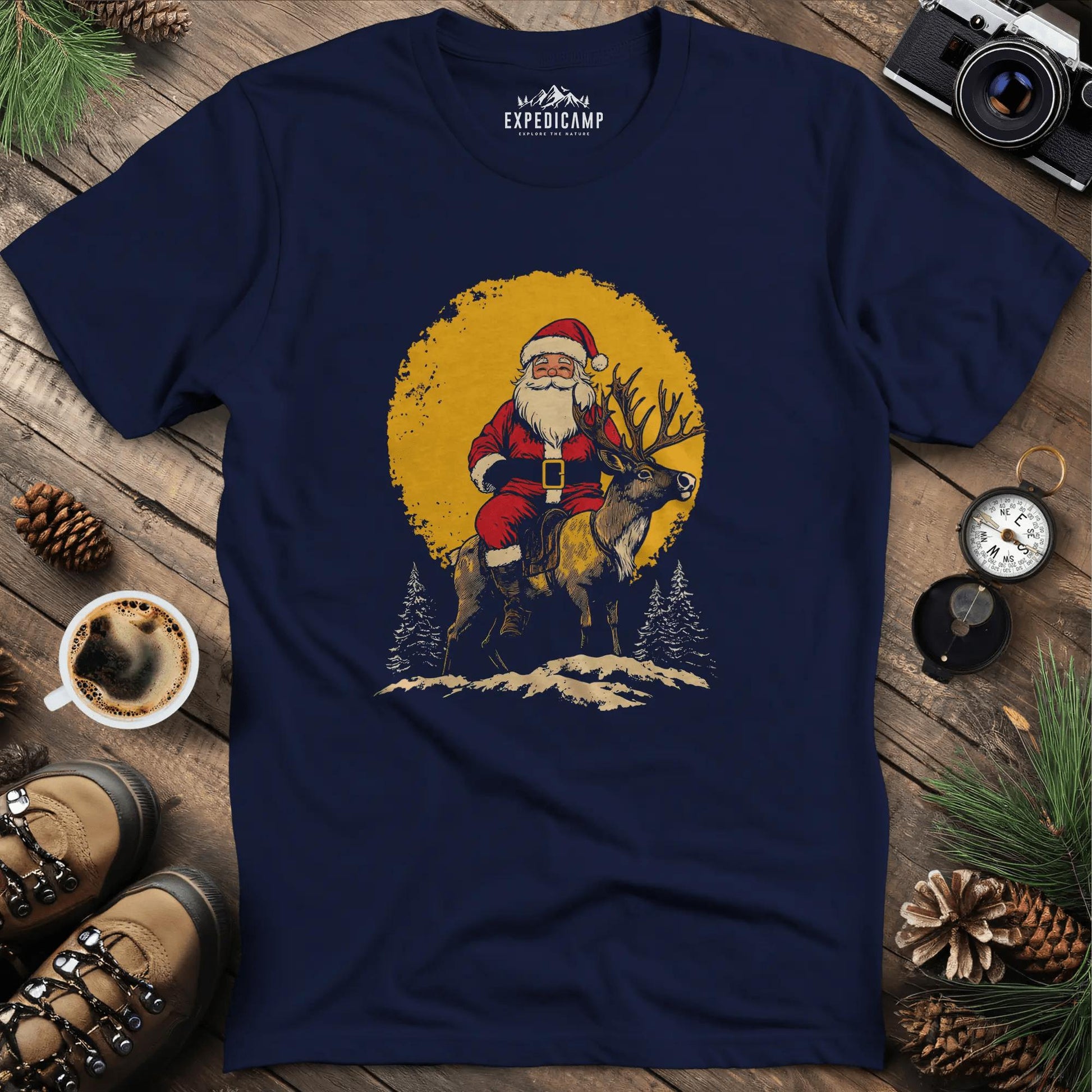 Santa Riding Reindeer T-Shirt – Navy – Outdoor apparel for travel, hiking, camping, and nature lovers – ExpediCamp