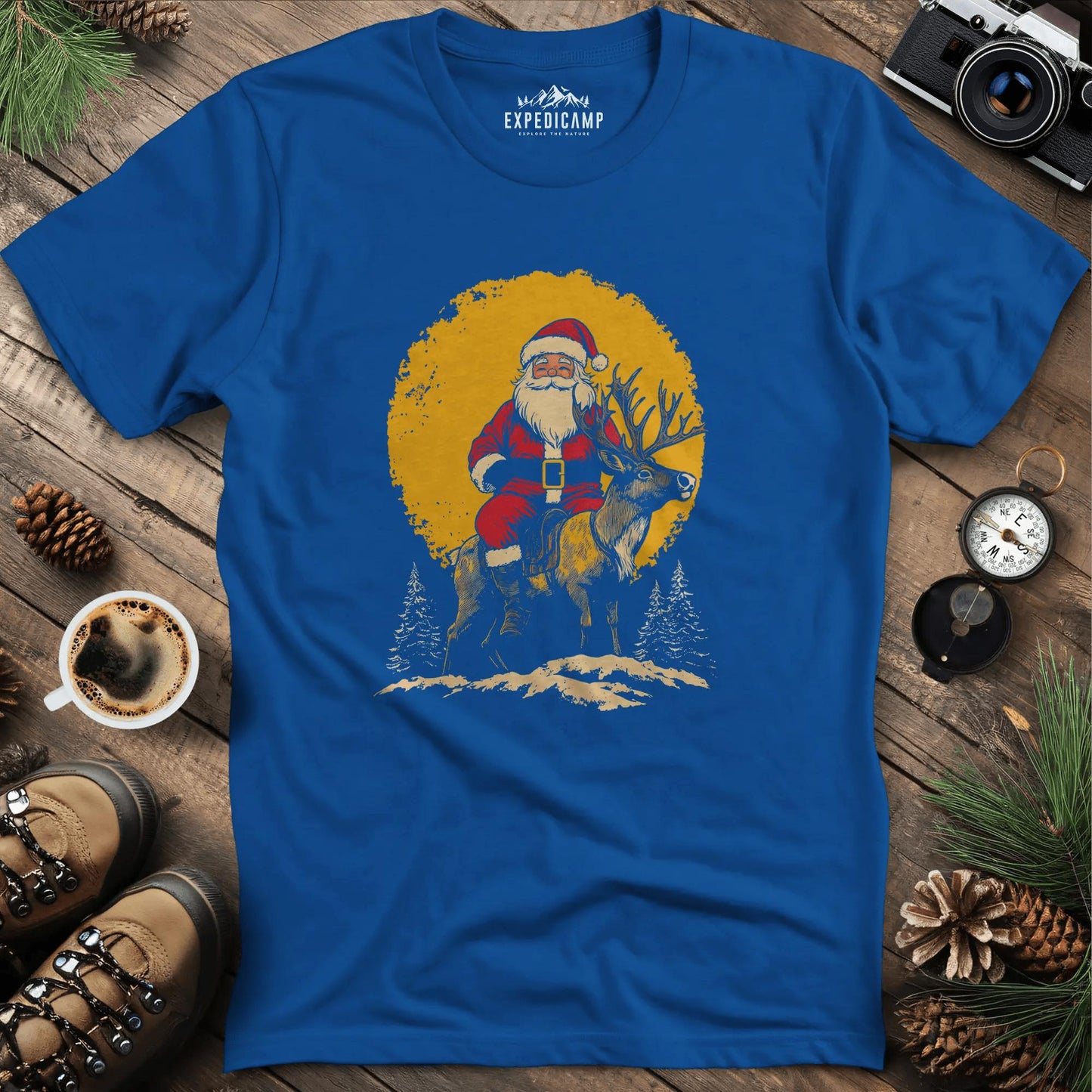 Santa Riding Reindeer T-Shirt – Royal – Outdoor apparel for travel, hiking, camping, and nature lovers – ExpediCamp
