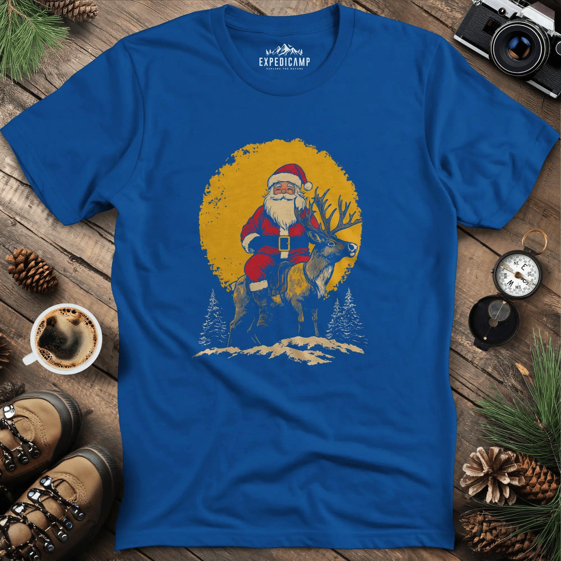 Santa Riding Reindeer T-Shirt – Royal – Outdoor apparel for travel, hiking, camping, and nature lovers – ExpediCamp