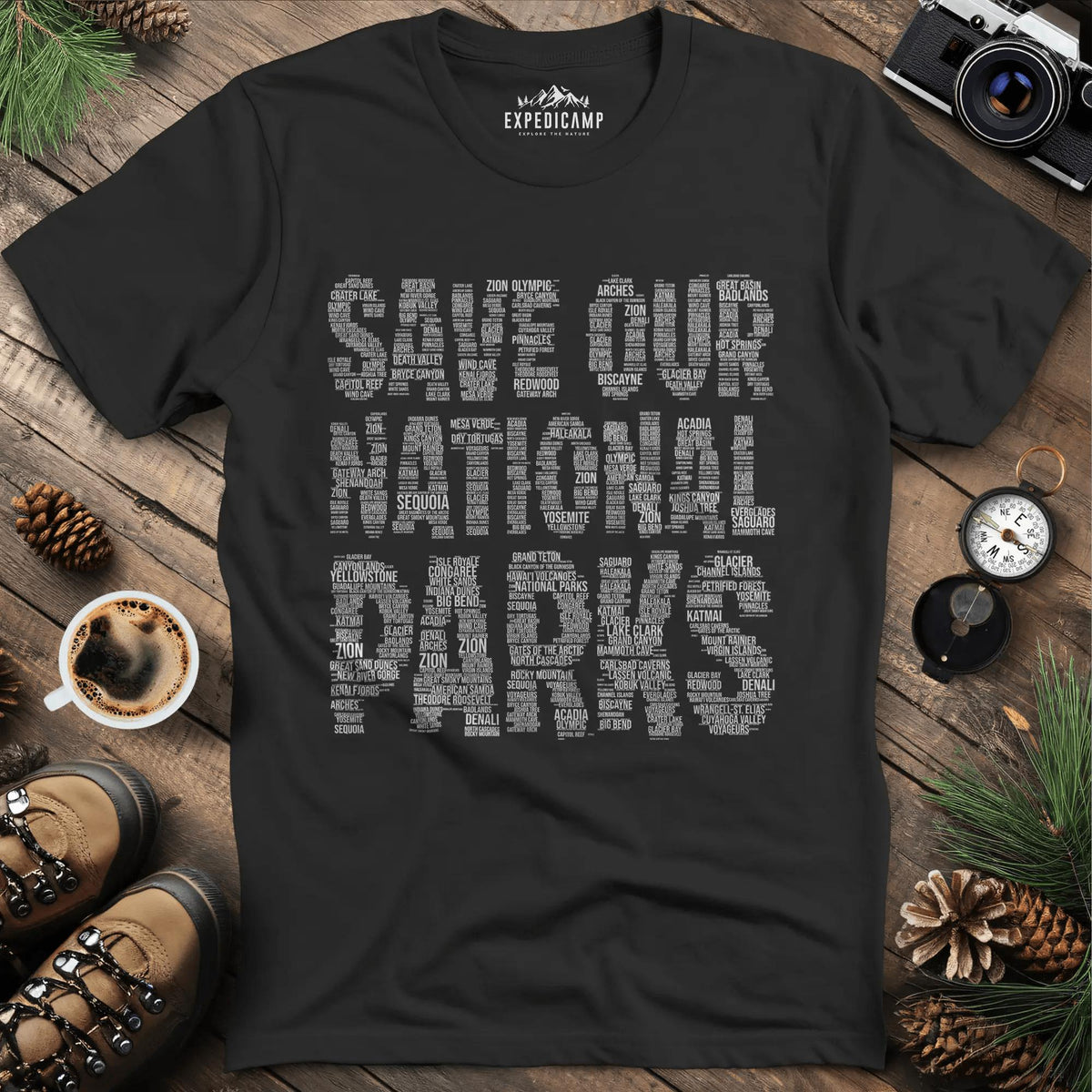 Save Our National Parks T-Shirt - Word Art – Black – Outdoor apparel for travel, hiking, camping, and nature lovers – ExpediCamp