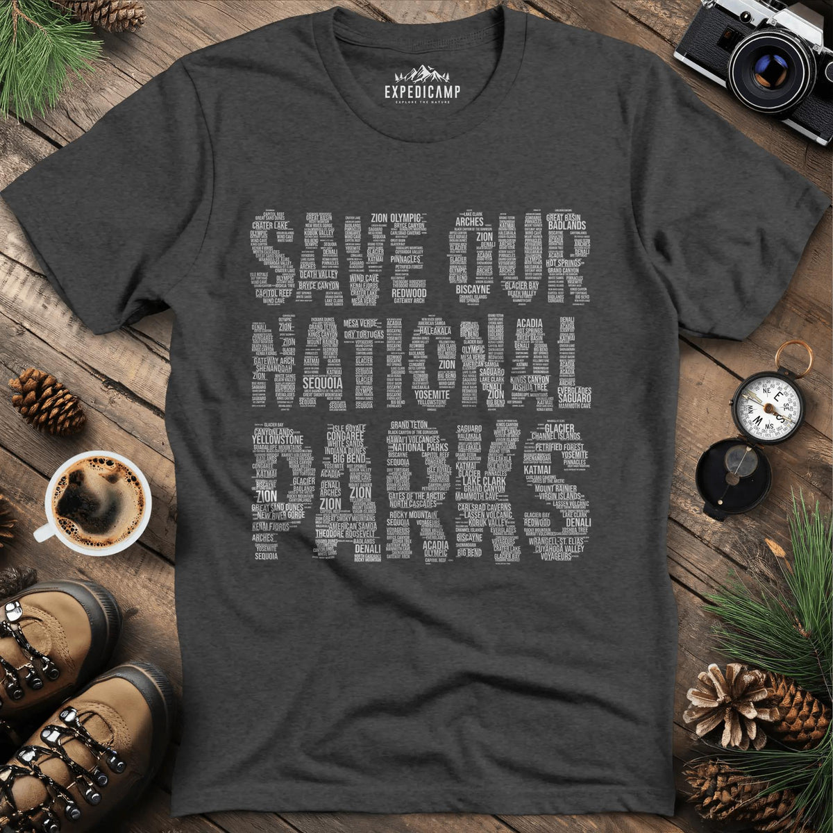 Save Our National Parks T-Shirt - Word Art – Dark Heather – Outdoor apparel for travel, hiking, camping, and nature lovers – ExpediCamp