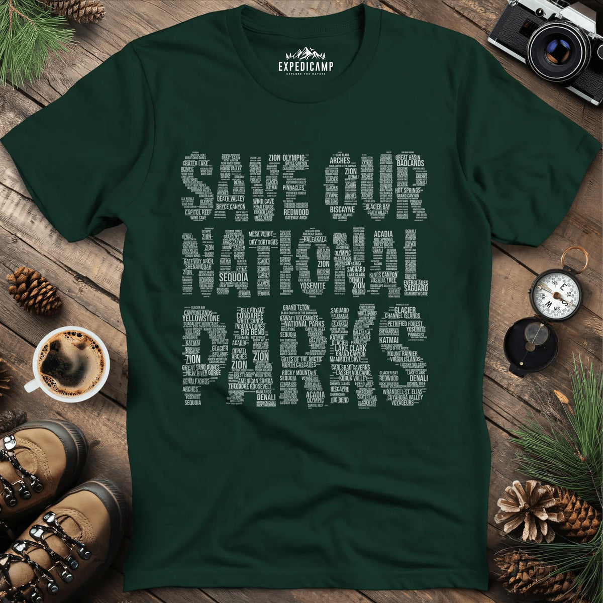 Save Our National Parks T-Shirt - Word Art – Forest Green – Outdoor apparel for travel, hiking, camping, and nature lovers – ExpediCamp