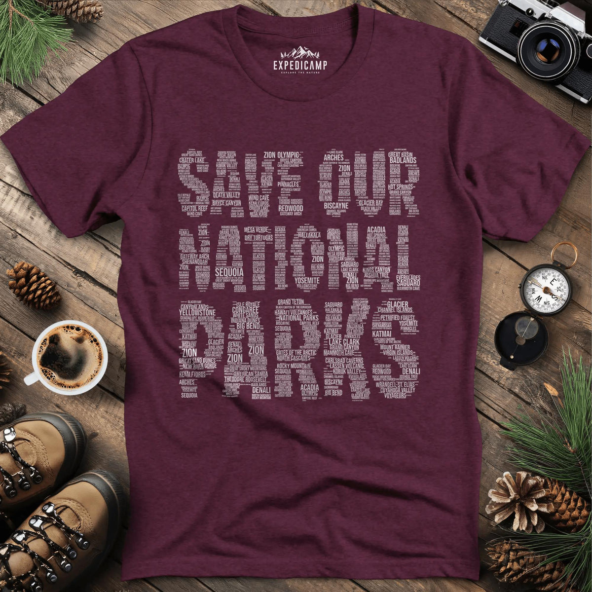 Save Our National Parks T-Shirt - Word Art – Heather Maroon – Outdoor apparel for travel, hiking, camping, and nature lovers – ExpediCamp