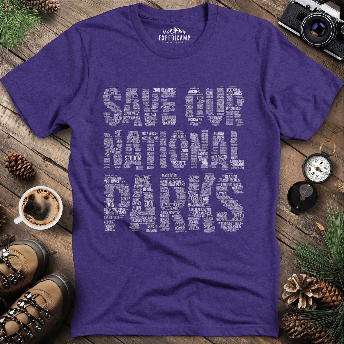 Save Our National Parks T-Shirt - Word Art – Heather Purple – Outdoor apparel for travel, hiking, camping, and nature lovers – ExpediCamp