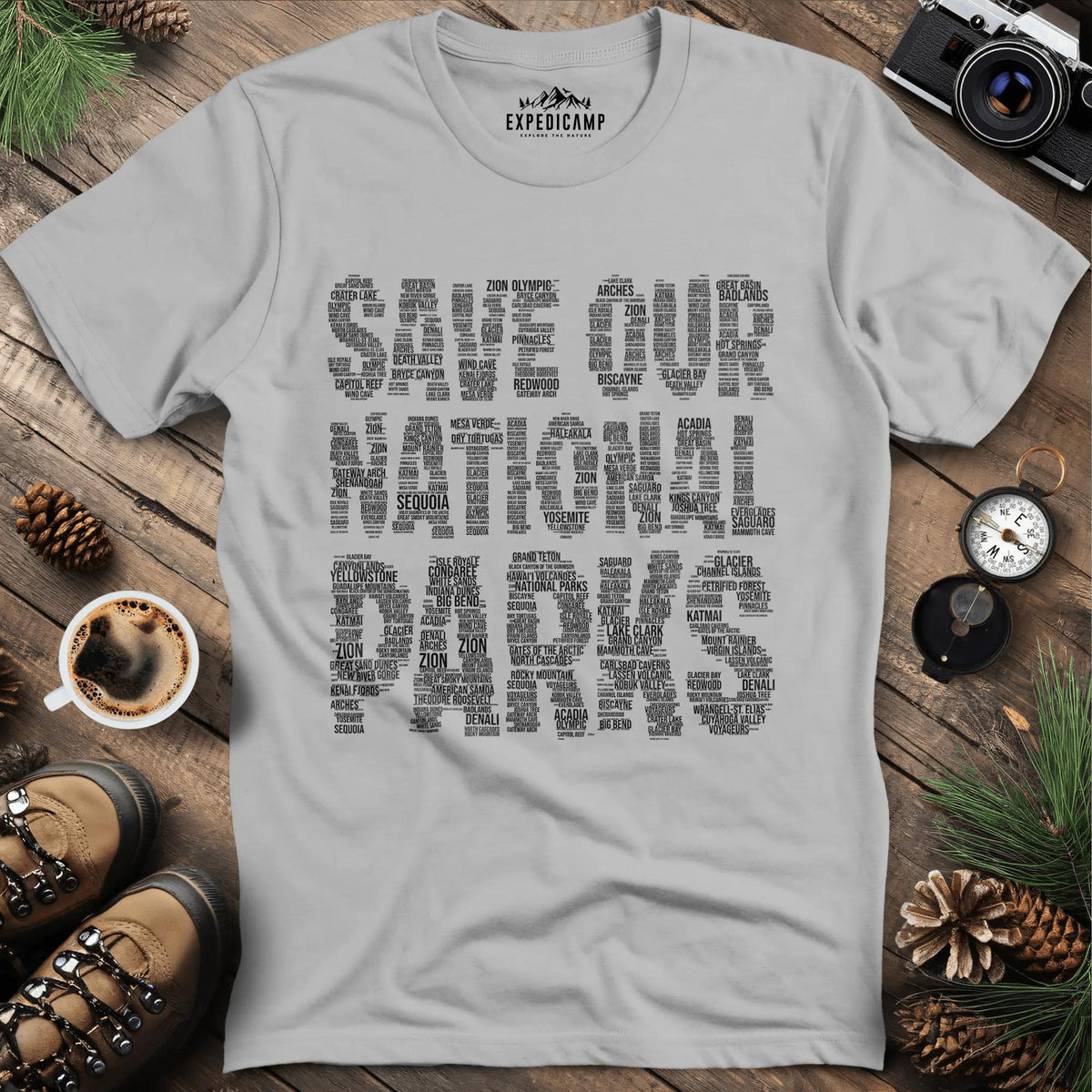 Save Our National Parks T-Shirt - Word Art – Ice Grey – Outdoor apparel for travel, hiking, camping, and nature lovers – ExpediCamp