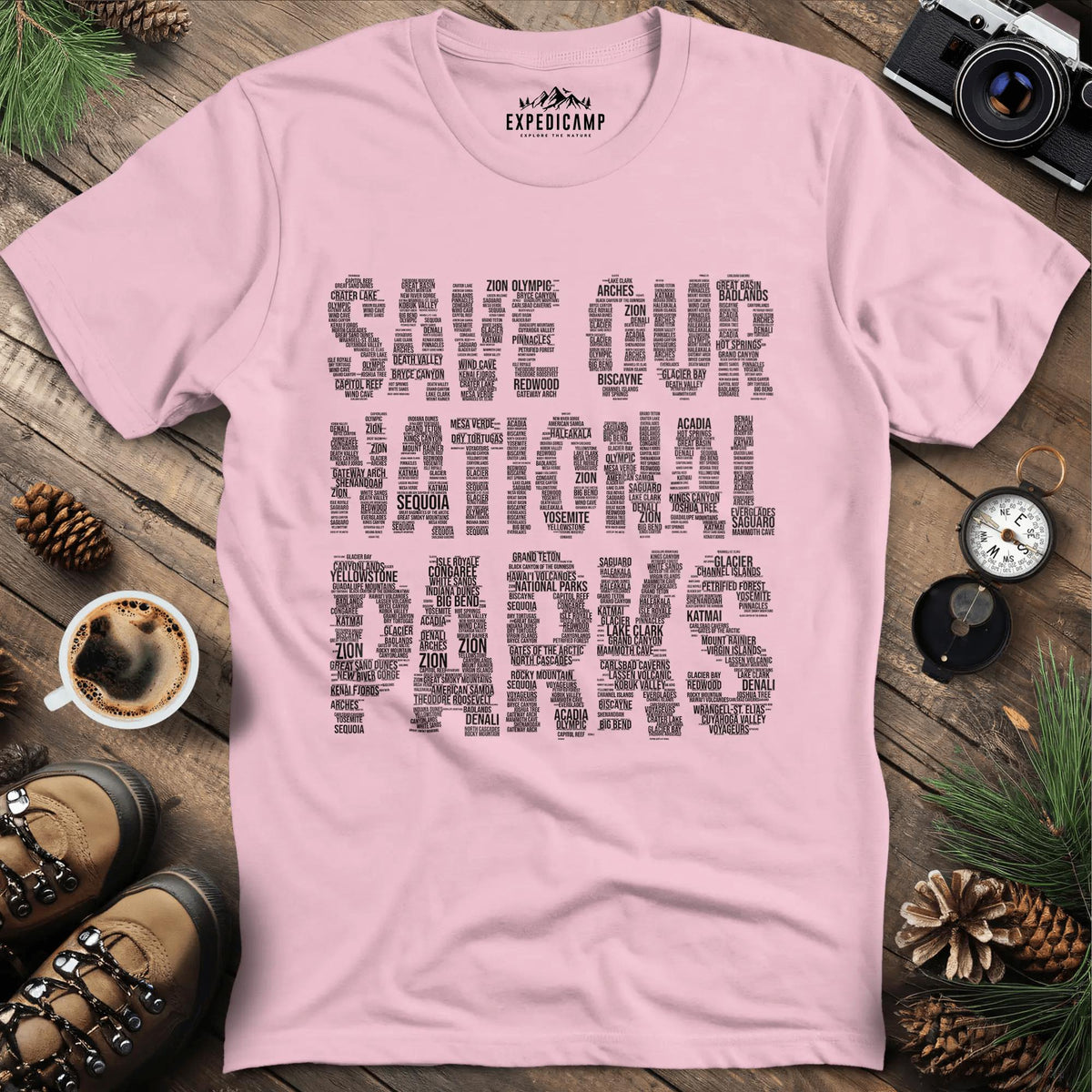 Save Our National Parks T-Shirt - Word Art – Light Pink – Outdoor apparel for travel, hiking, camping, and nature lovers – ExpediCamp
