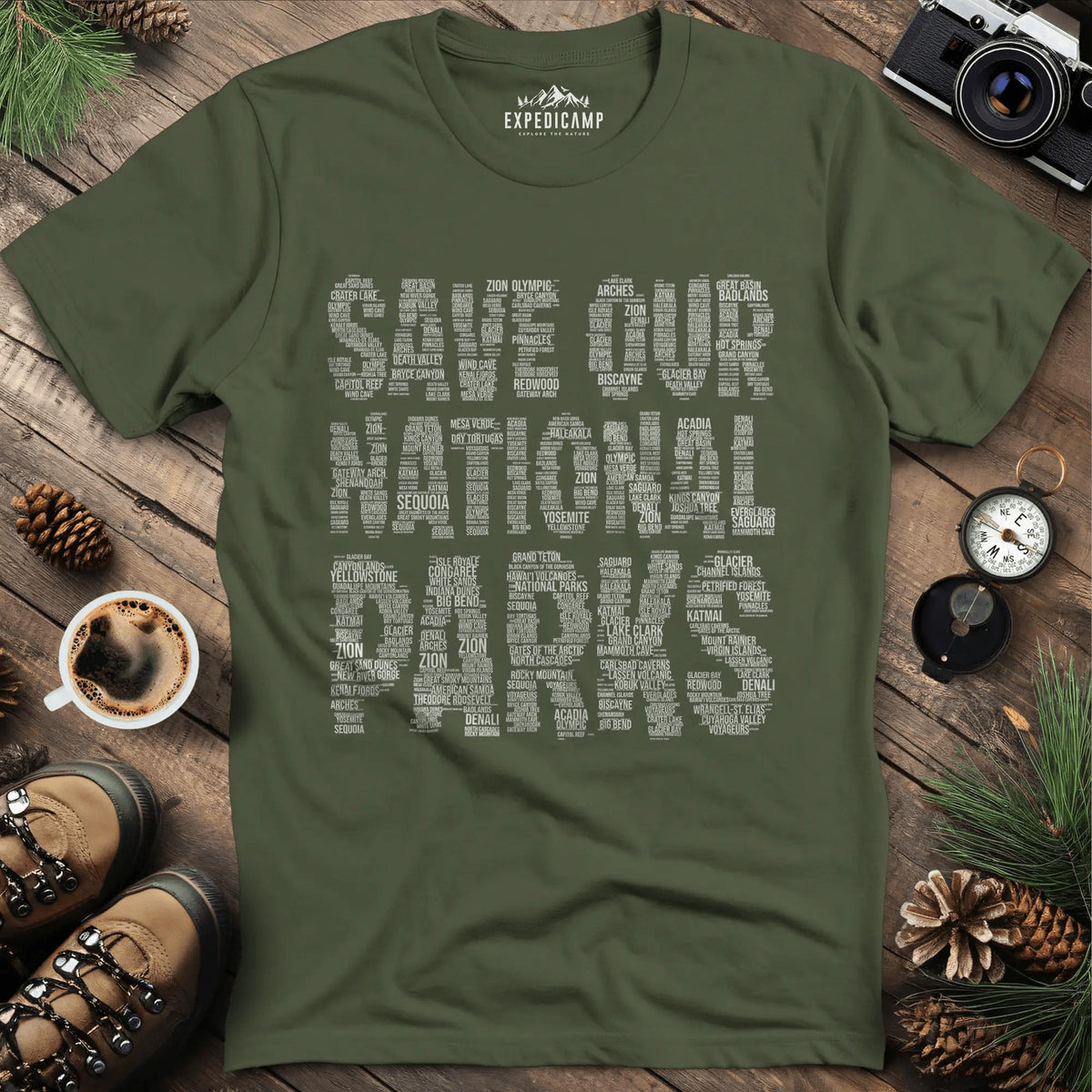 Save Our National Parks T-Shirt - Word Art – Military Green – Outdoor apparel for travel, hiking, camping, and nature lovers – ExpediCamp