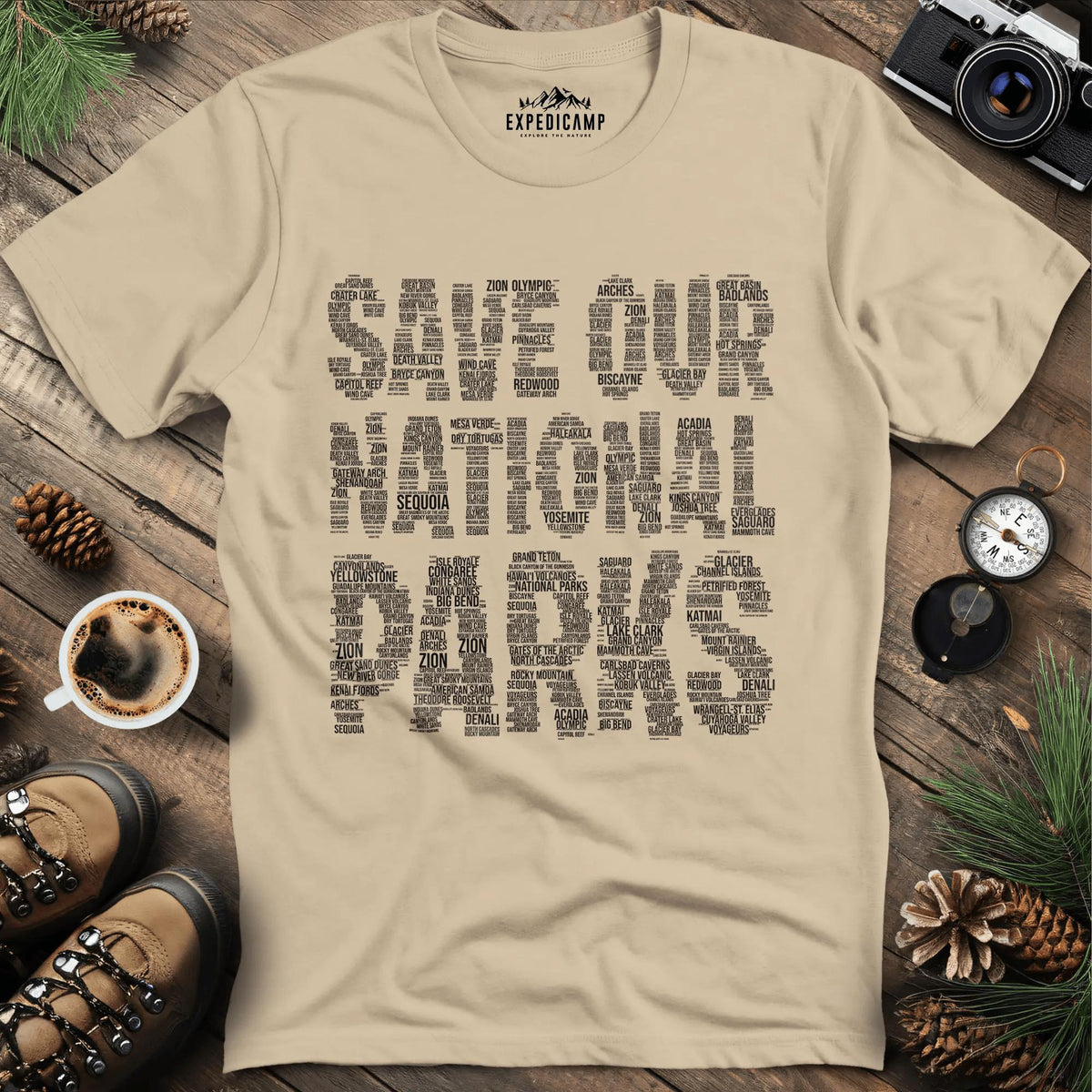 Save Our National Parks T-Shirt - Word Art – Sand – Outdoor apparel for travel, hiking, camping, and nature lovers – ExpediCamp