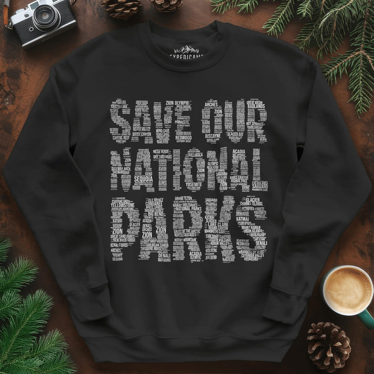 Save Our National Parks Word Art Sweatshirt – Black – Outdoor apparel for travel, hiking, camping, and nature lovers – ExpediCamp