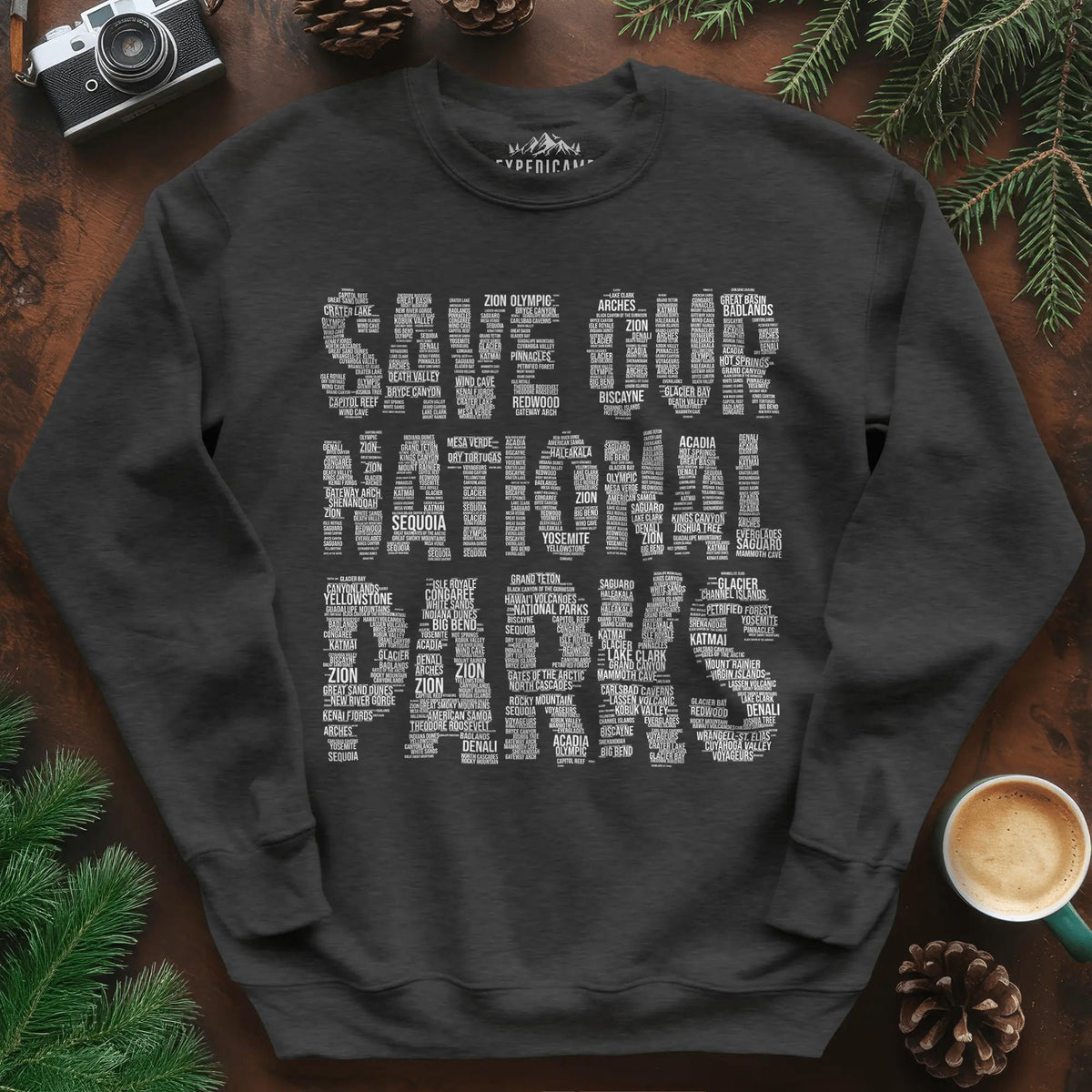 Save Our National Parks Word Art Sweatshirt – Dark Heather – Outdoor apparel for travel, hiking, camping, and nature lovers – ExpediCamp