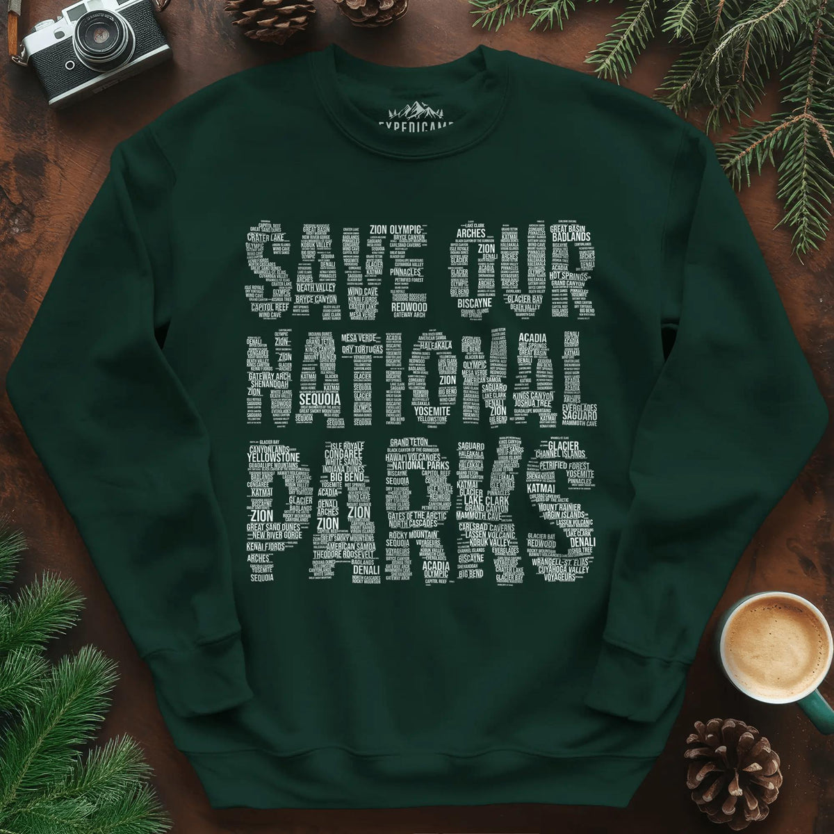 Save Our National Parks Word Art Sweatshirt – Forest Green – Outdoor apparel for travel, hiking, camping, and nature lovers – ExpediCamp