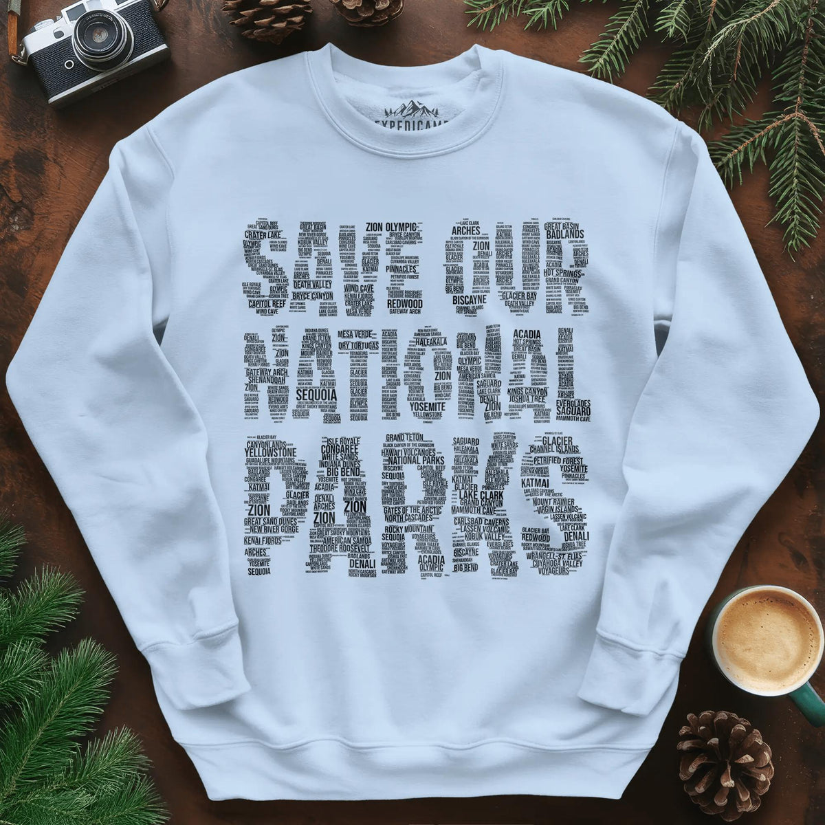 Save Our National Parks Word Art Sweatshirt – Light Blue – Outdoor apparel for travel, hiking, camping, and nature lovers – ExpediCamp