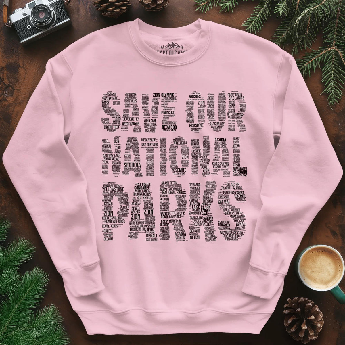 Save Our National Parks Word Art Sweatshirt – Light Pink – Outdoor apparel for travel, hiking, camping, and nature lovers – ExpediCamp