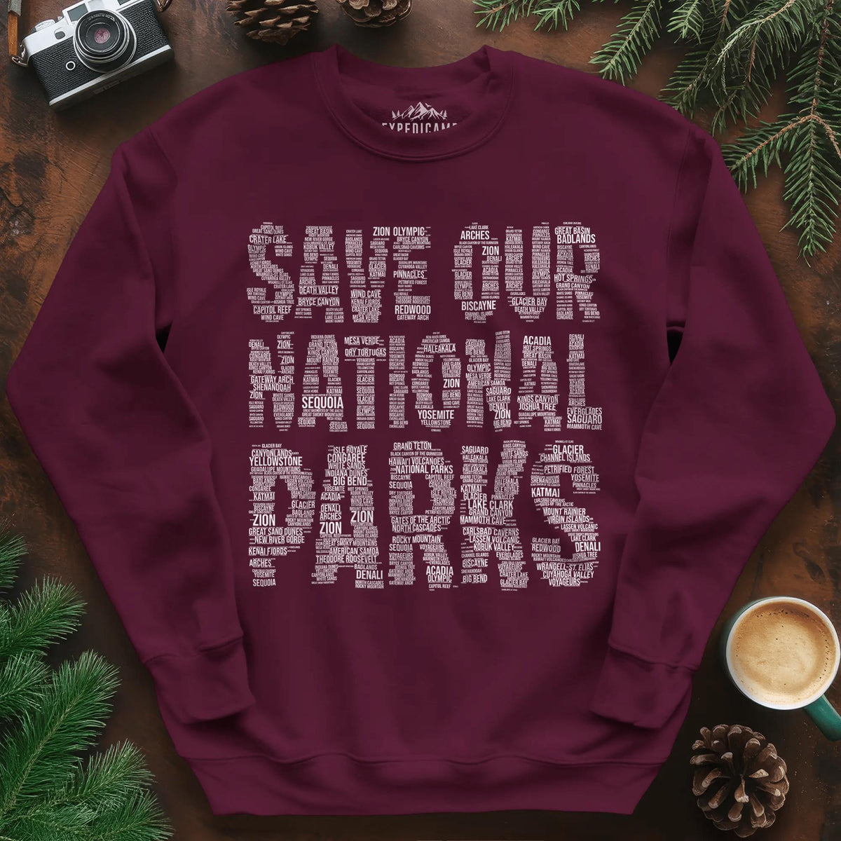 Save Our National Parks Word Art Sweatshirt – Maroon – Outdoor apparel for travel, hiking, camping, and nature lovers – ExpediCamp