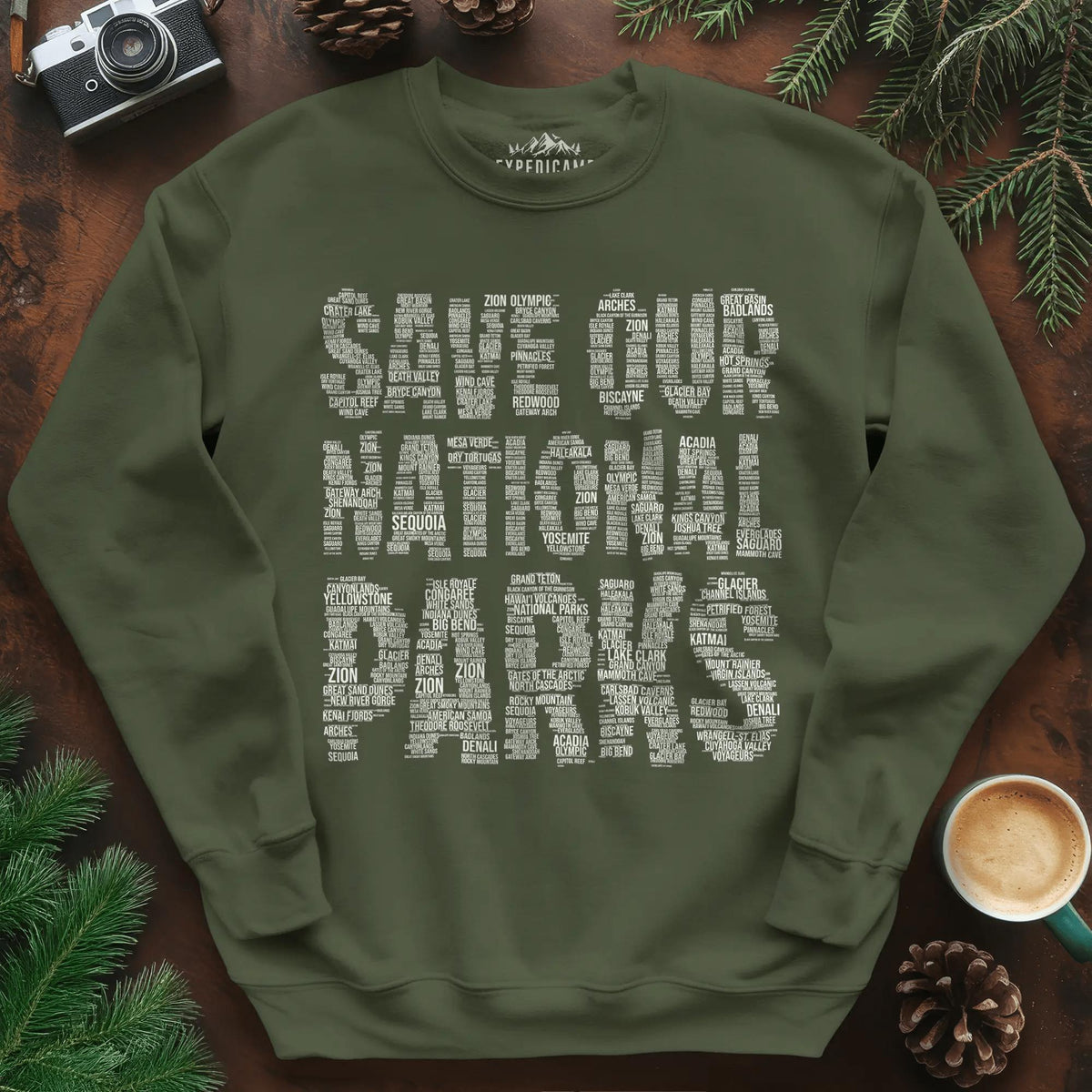 Save Our National Parks Word Art Sweatshirt – Military Green – Outdoor apparel for travel, hiking, camping, and nature lovers – ExpediCamp
