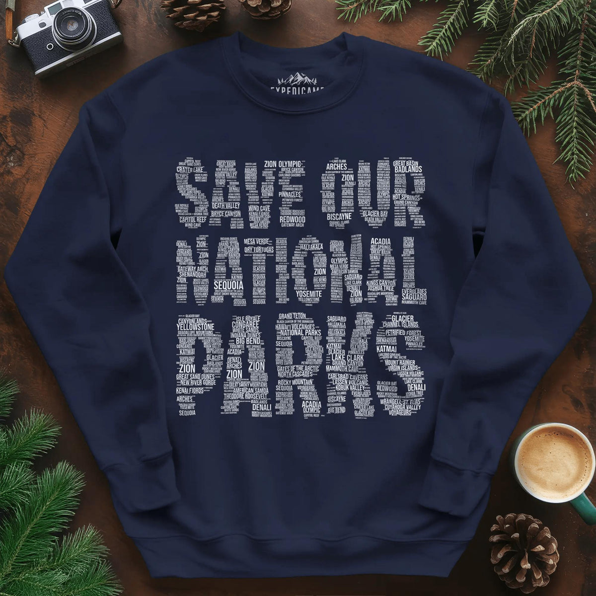 Save Our National Parks Word Art Sweatshirt – Navy – Outdoor apparel for travel, hiking, camping, and nature lovers – ExpediCamp