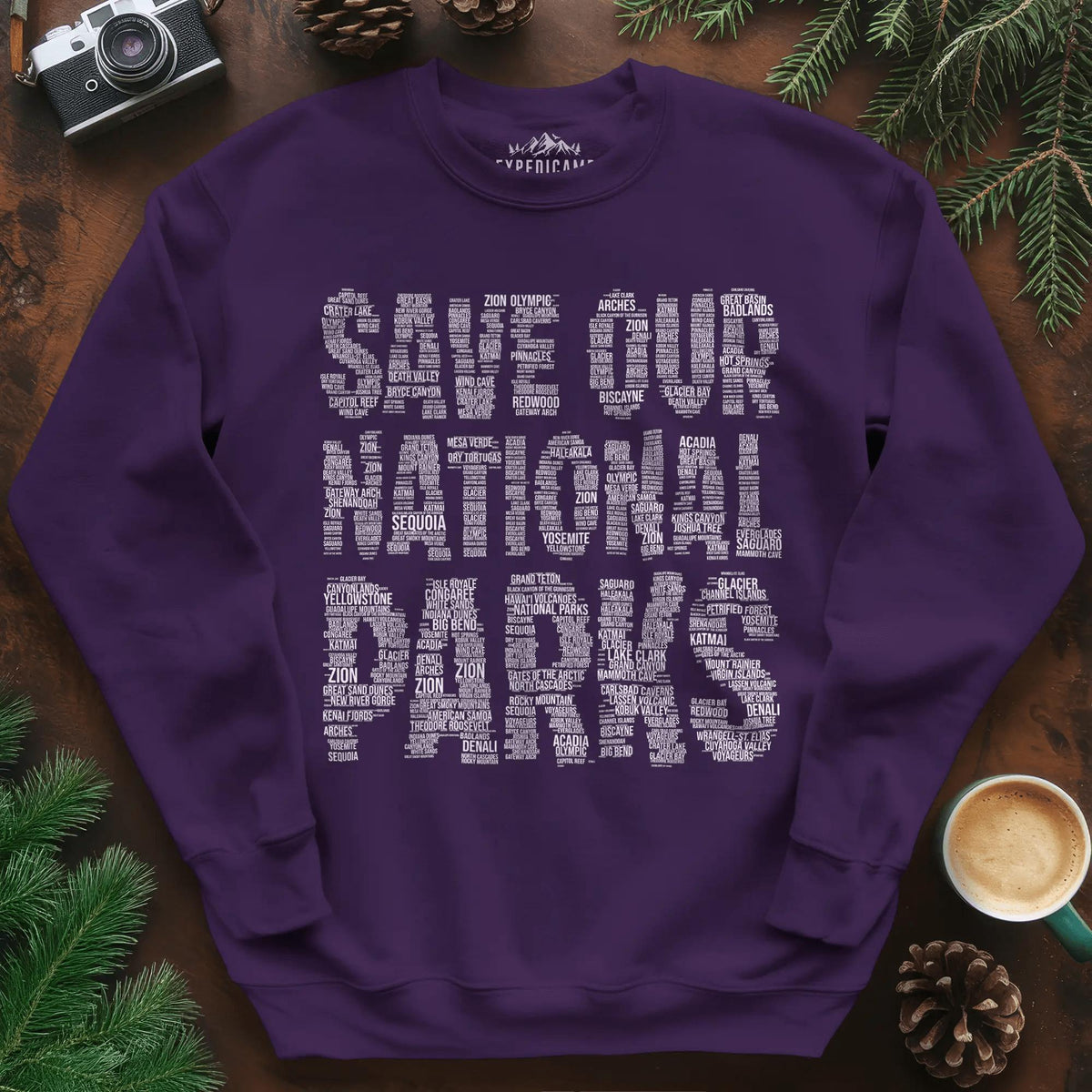 Save Our National Parks Word Art Sweatshirt – Purple – Outdoor apparel for travel, hiking, camping, and nature lovers – ExpediCamp