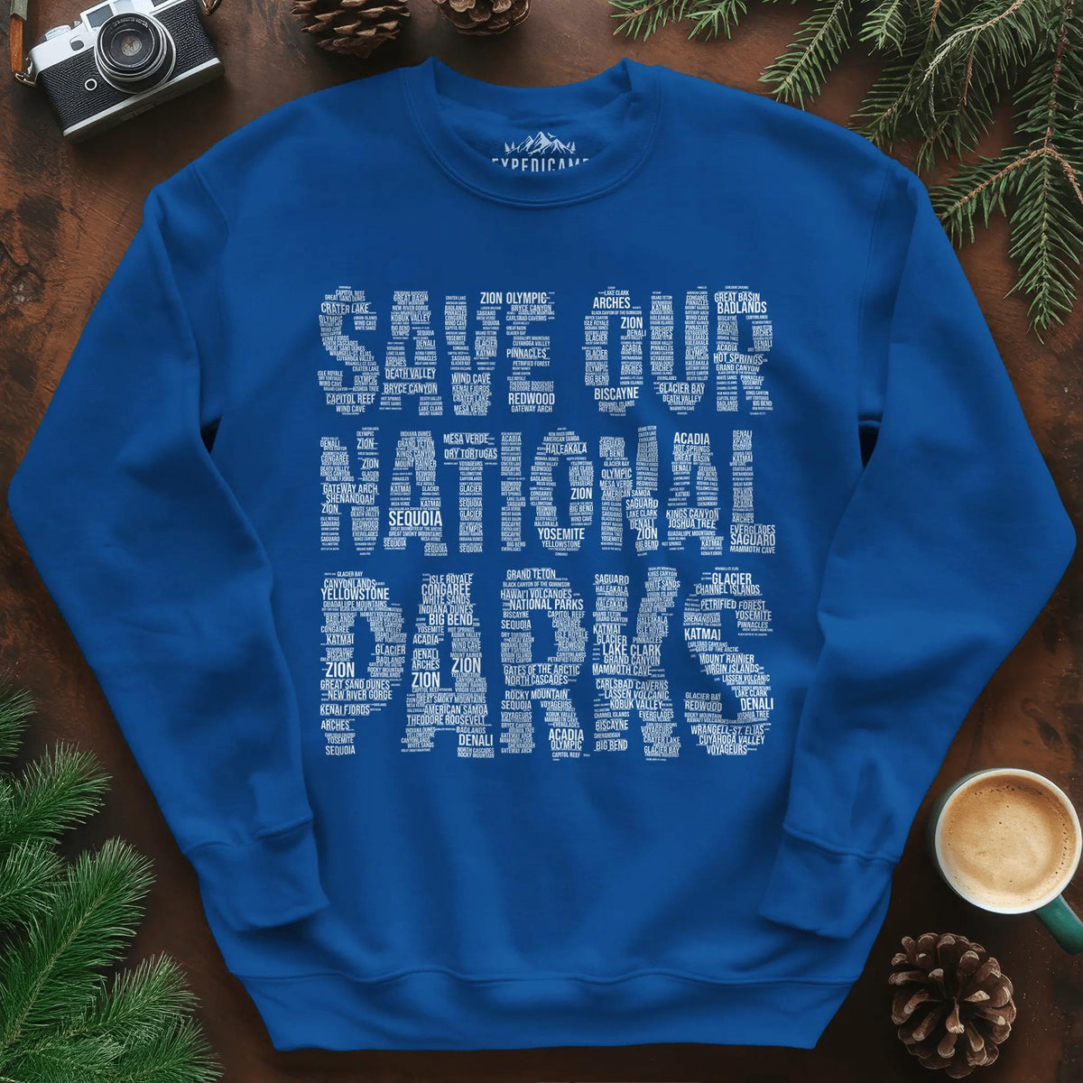 Save Our National Parks Word Art Sweatshirt – Royal – Outdoor apparel for travel, hiking, camping, and nature lovers – ExpediCamp