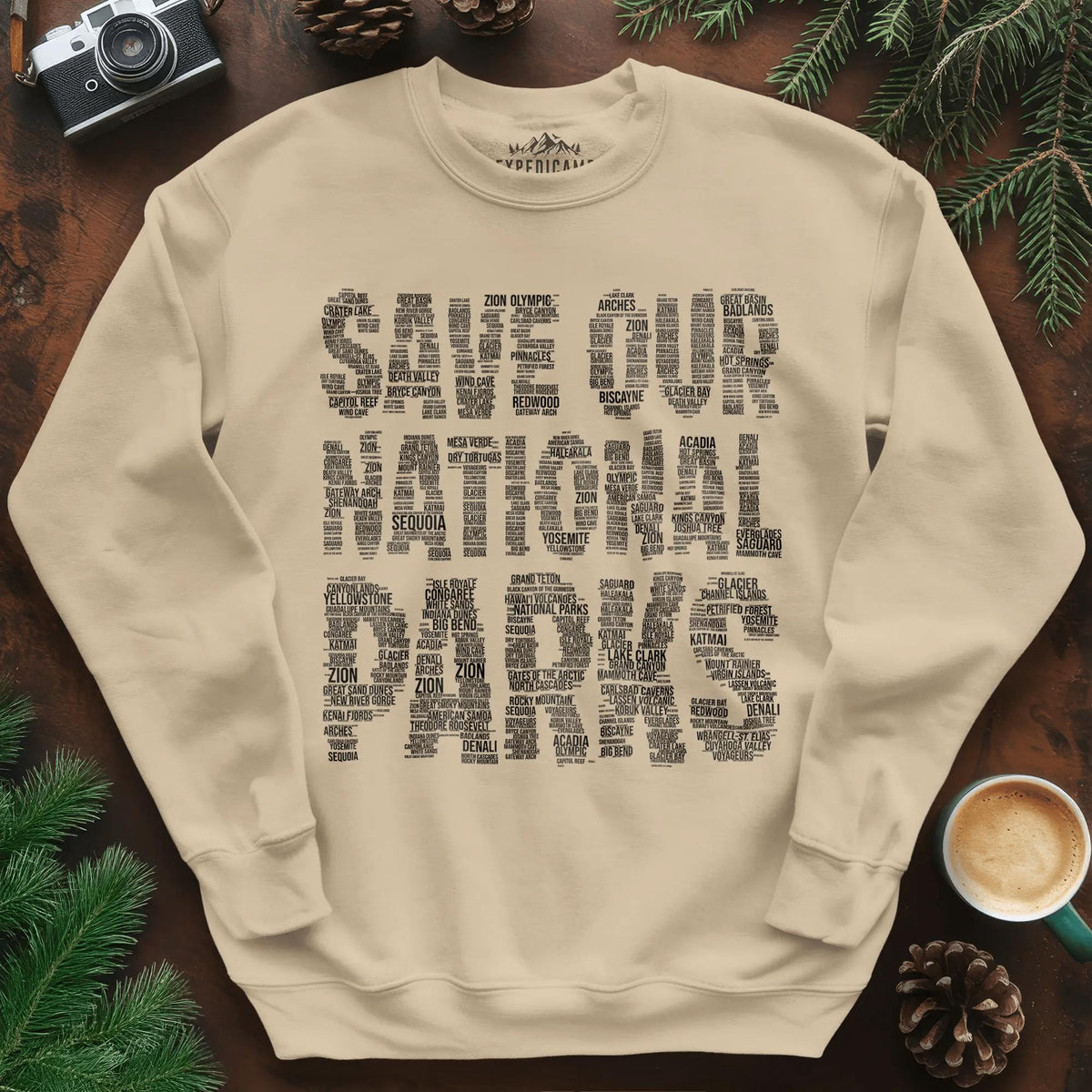 Save Our National Parks Word Art Sweatshirt – Sand – Outdoor apparel for travel, hiking, camping, and nature lovers – ExpediCamp