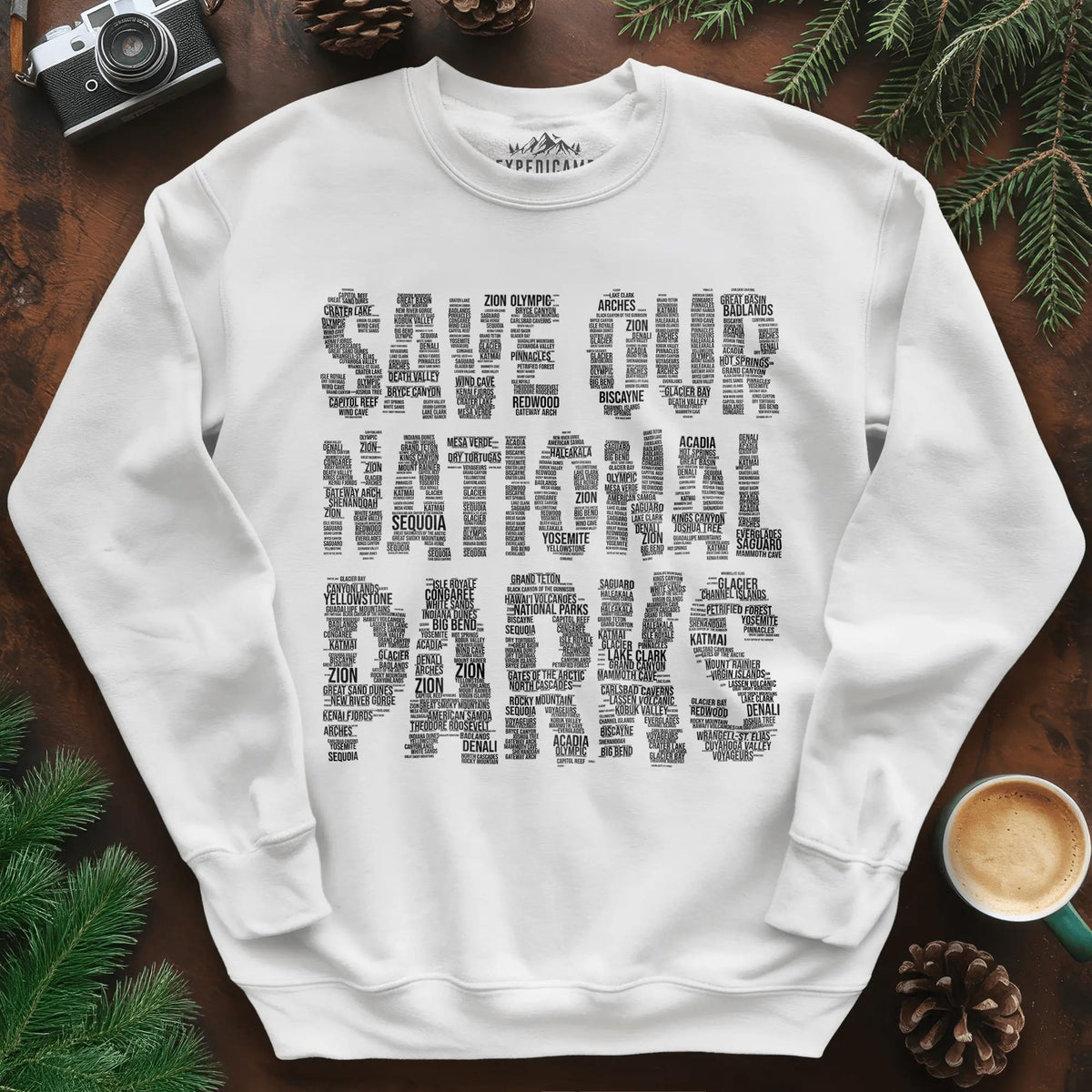 Save Our National Parks Word Art Sweatshirt – White – Outdoor apparel for travel, hiking, camping, and nature lovers – ExpediCamp