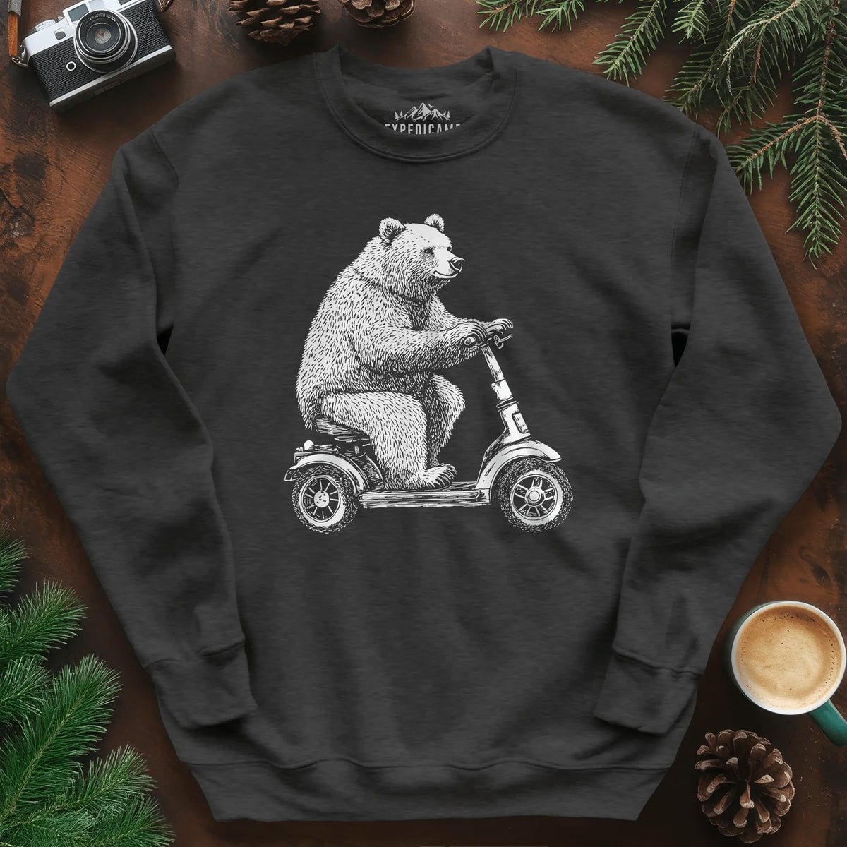 Scooter Bear Sweatshirt – Dark Heather – Outdoor apparel for travel, hiking, camping, and nature lovers – ExpediCamp