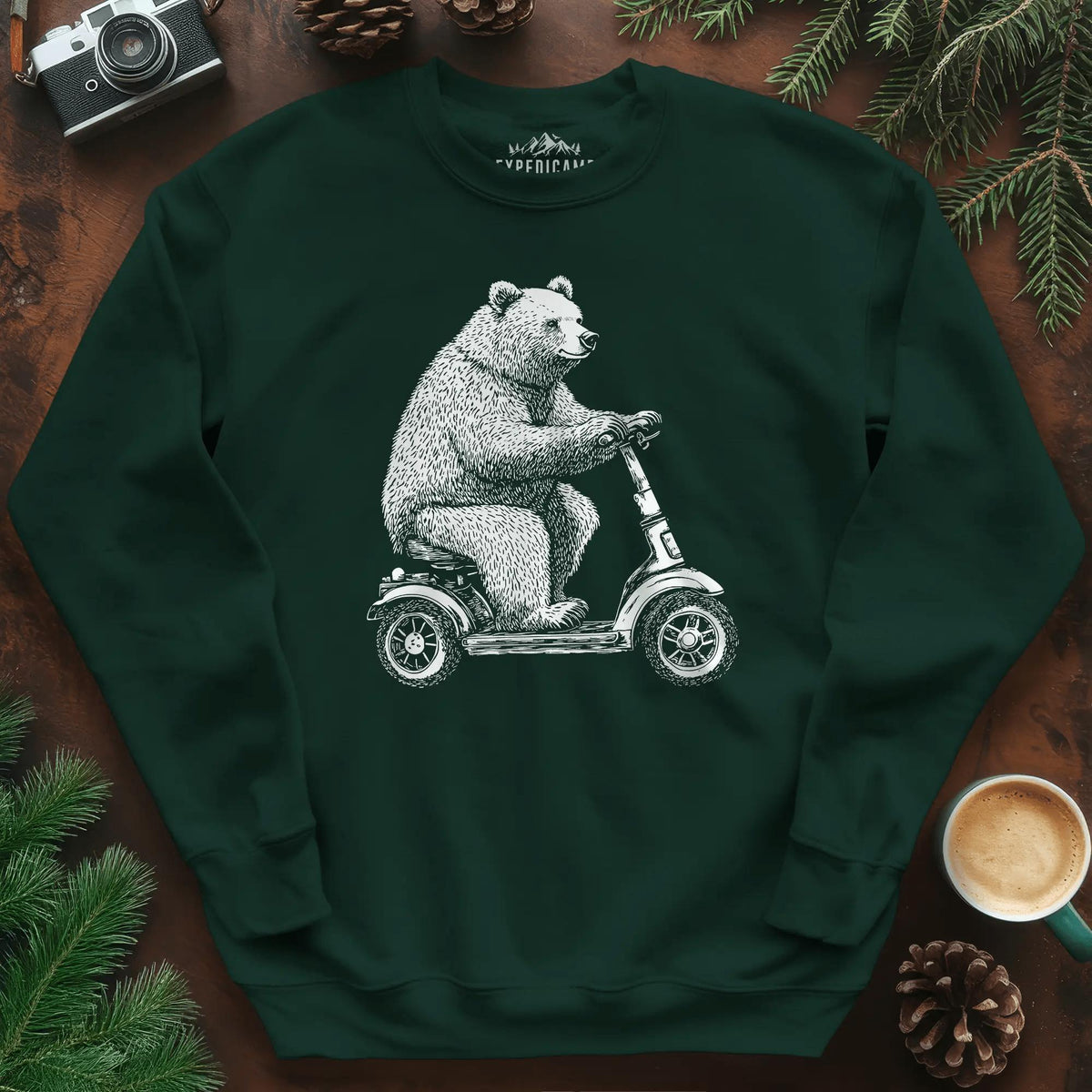 Scooter Bear Sweatshirt – Forest Green – Outdoor apparel for travel, hiking, camping, and nature lovers – ExpediCamp