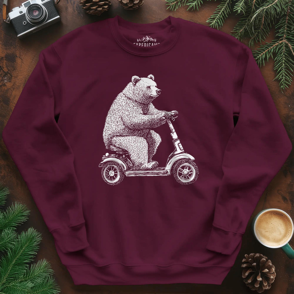 Scooter Bear Sweatshirt – Maroon – Outdoor apparel for travel, hiking, camping, and nature lovers – ExpediCamp