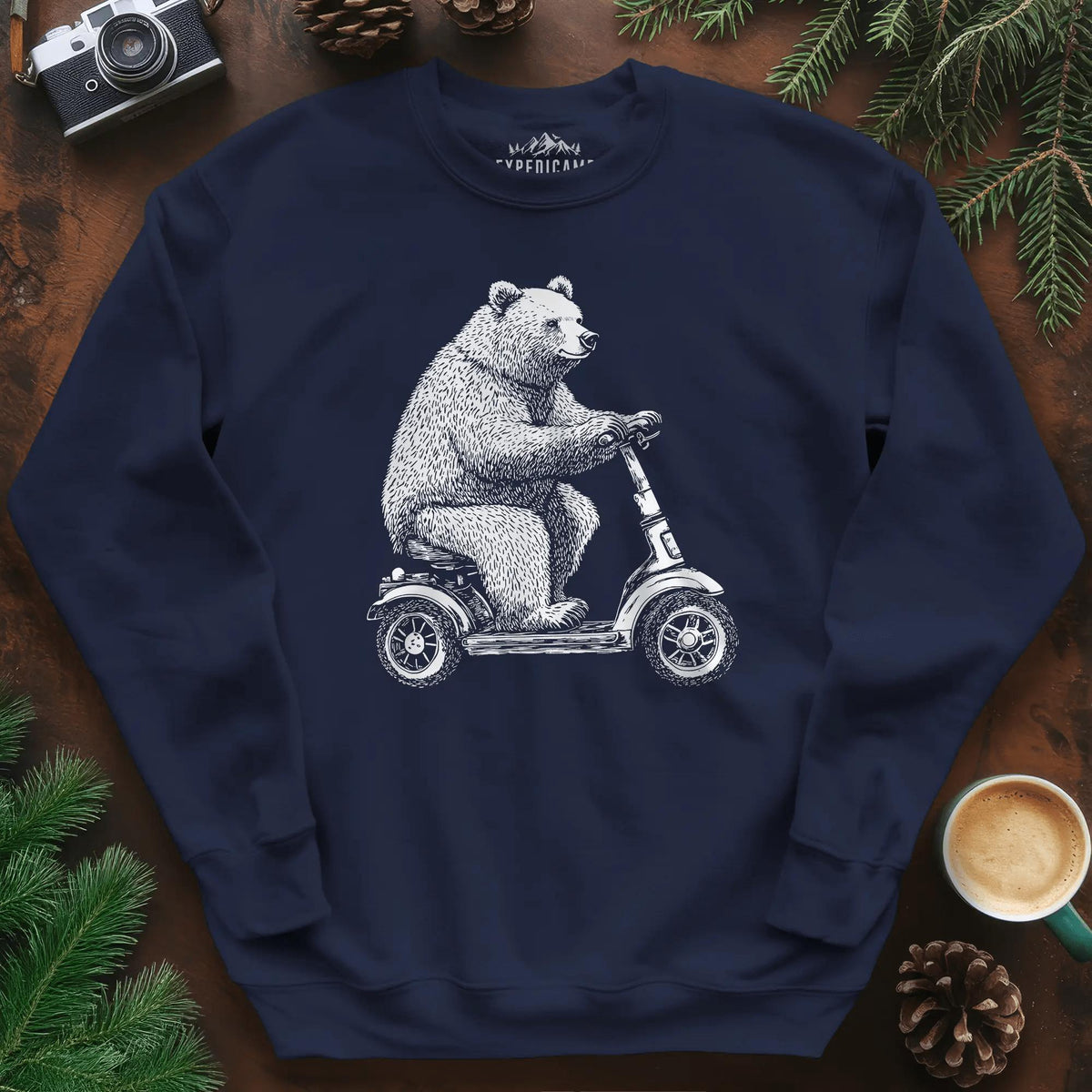 Scooter Bear Sweatshirt – Navy – Outdoor apparel for travel, hiking, camping, and nature lovers – ExpediCamp