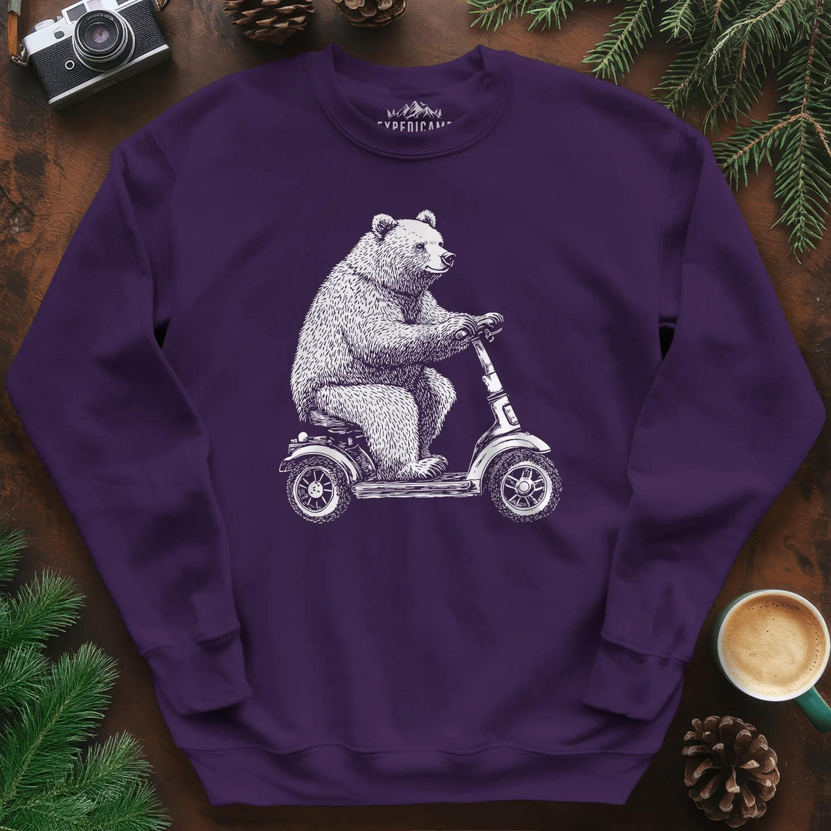 Scooter Bear Sweatshirt – Purple – Outdoor apparel for travel, hiking, camping, and nature lovers – ExpediCamp