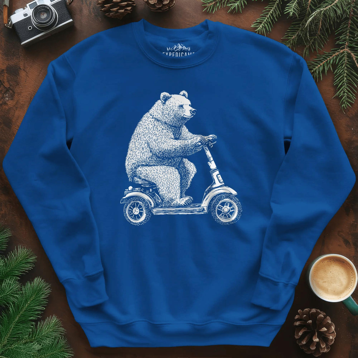 Scooter Bear Sweatshirt – Royal – Outdoor apparel for travel, hiking, camping, and nature lovers – ExpediCamp