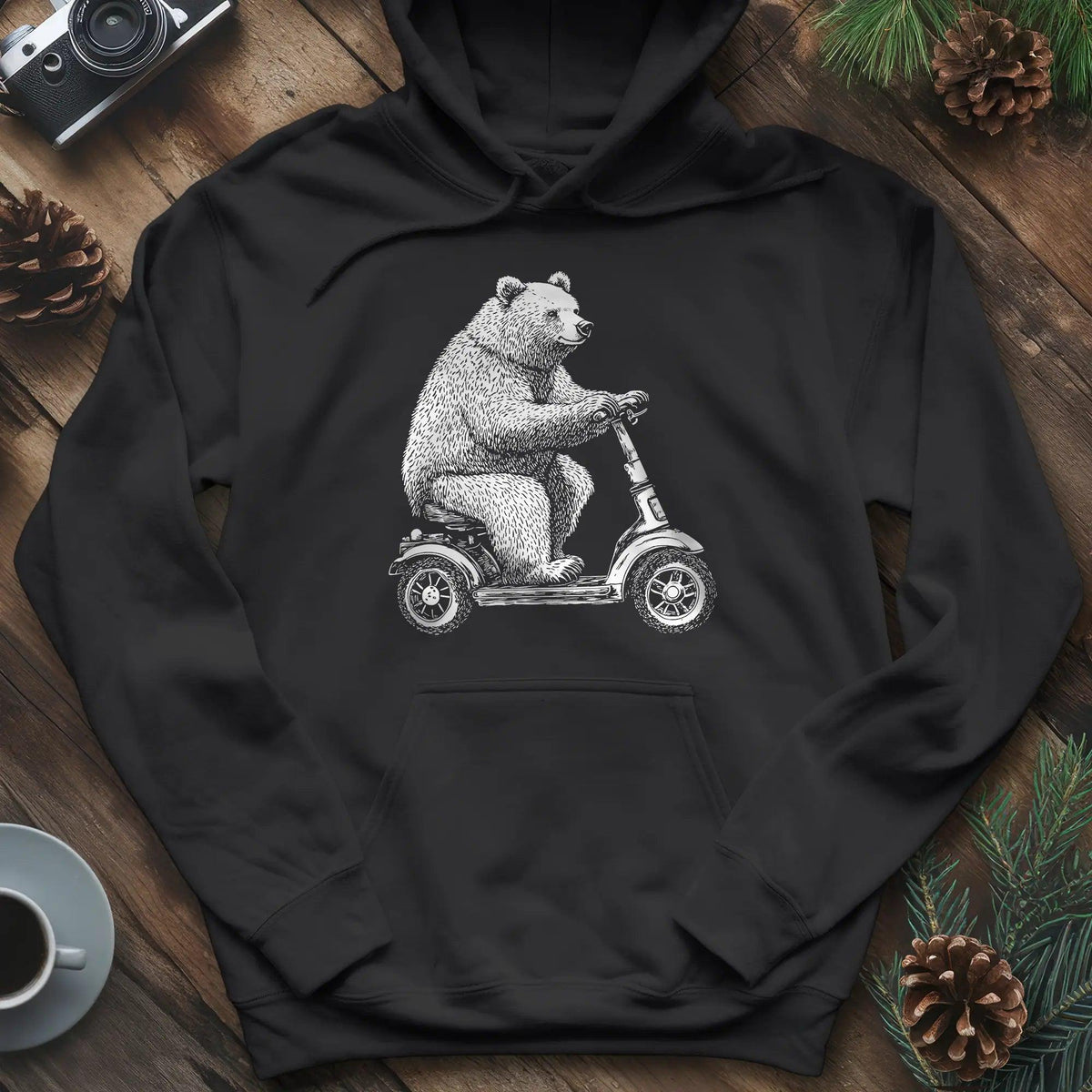 Scooting Bear Hoodie – Black – Outdoor apparel for travel, hiking, camping, and nature lovers – ExpediCamp