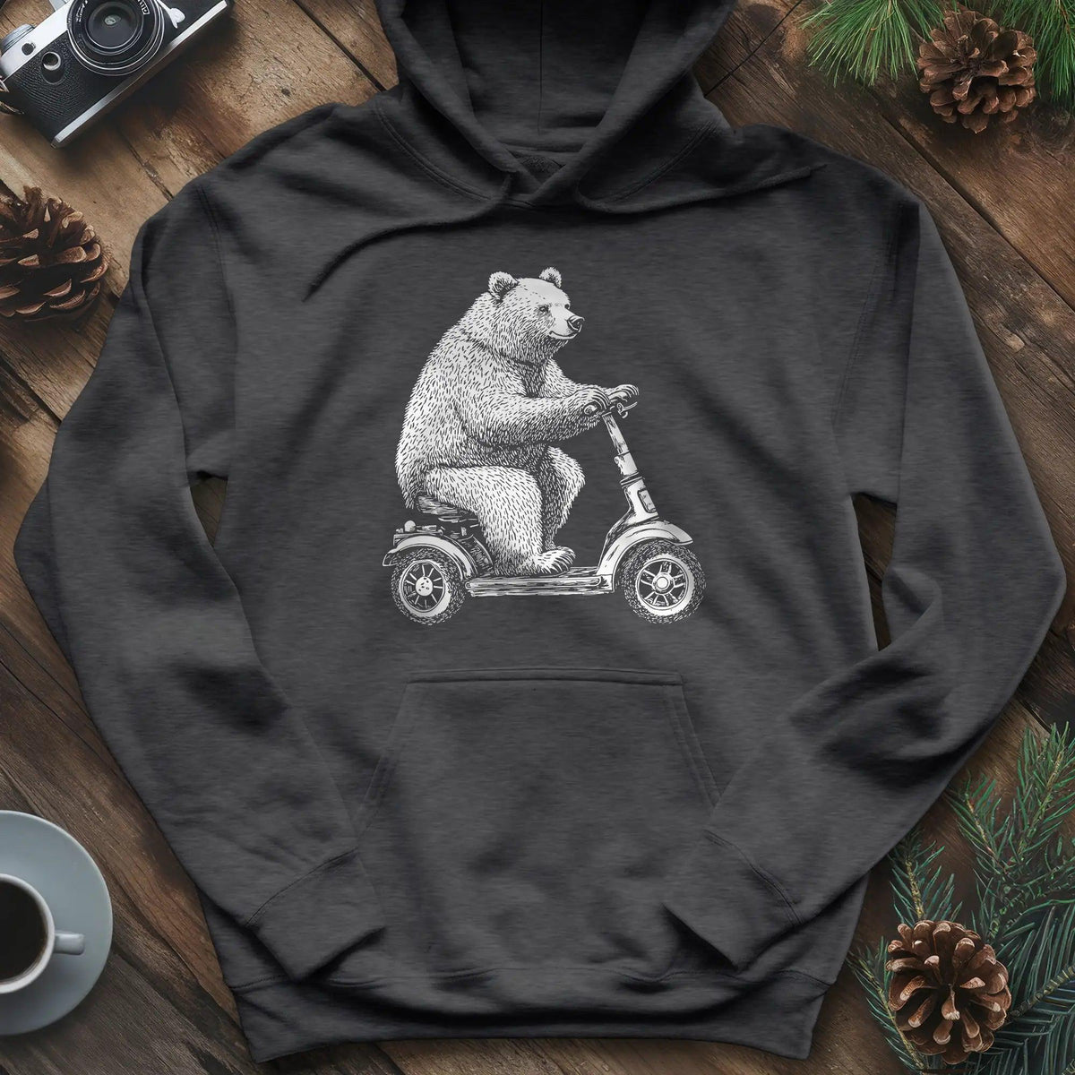 Scooting Bear Hoodie – Dark Heather – Outdoor apparel for travel, hiking, camping, and nature lovers – ExpediCamp