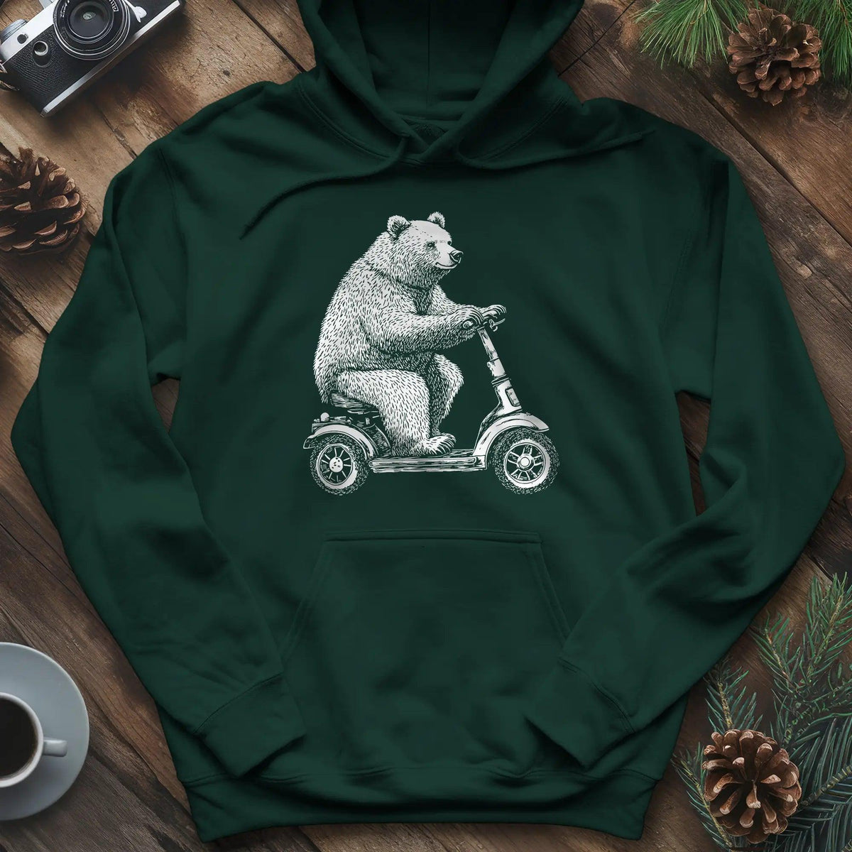 Scooting Bear Hoodie – Forest Green – Outdoor apparel for travel, hiking, camping, and nature lovers – ExpediCamp
